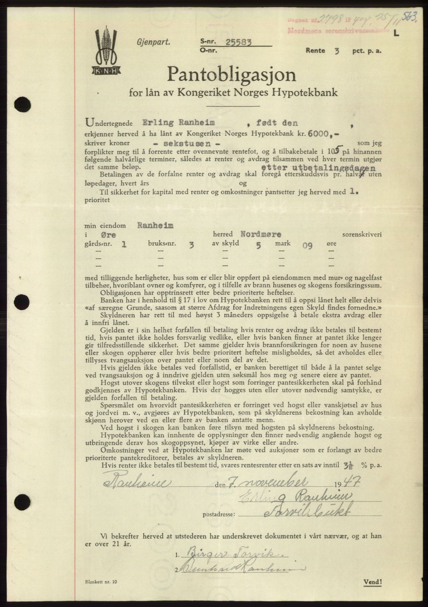 Nordmøre sorenskriveri, AV/SAT-A-4132/1/2/2Ca: Mortgage book no. B97, 1947-1948, Diary no: : 2798/1947