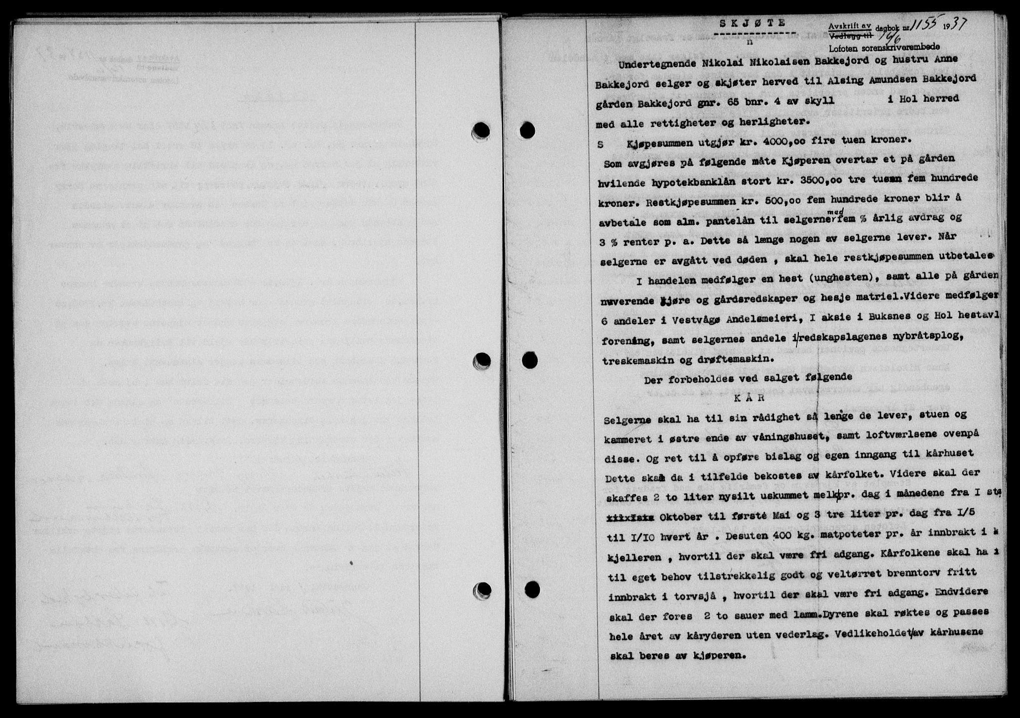 Lofoten sorenskriveri, SAT/A-0017/1/2/2C/L0002a: Mortgage book no. 2a, 1937-1937, Diary no: : 1155/1937