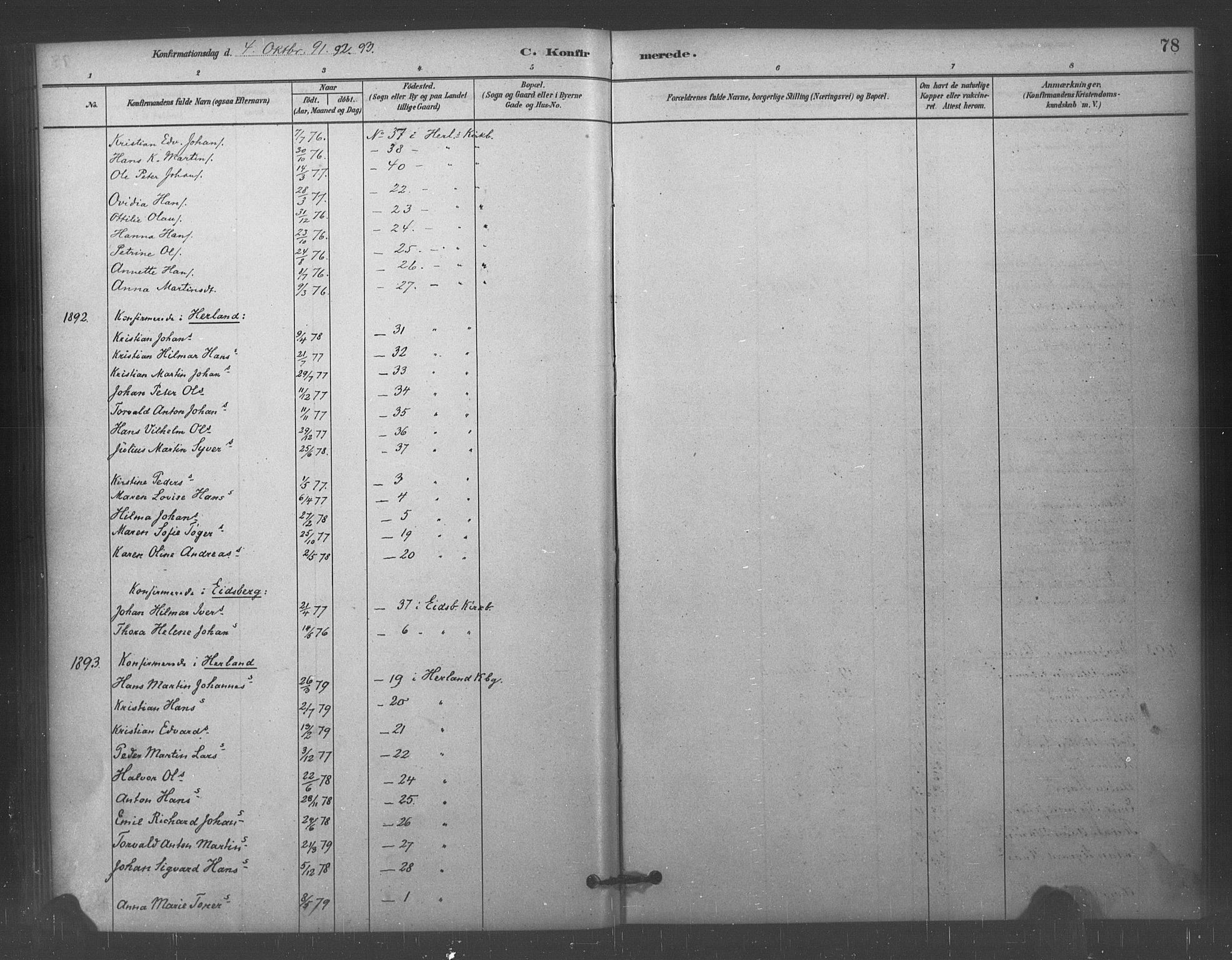 Eidsberg prestekontor Kirkebøker, AV/SAO-A-10905/F/Fc/L0001: Parish register (official) no. III 1, 1879-1905, p. 78