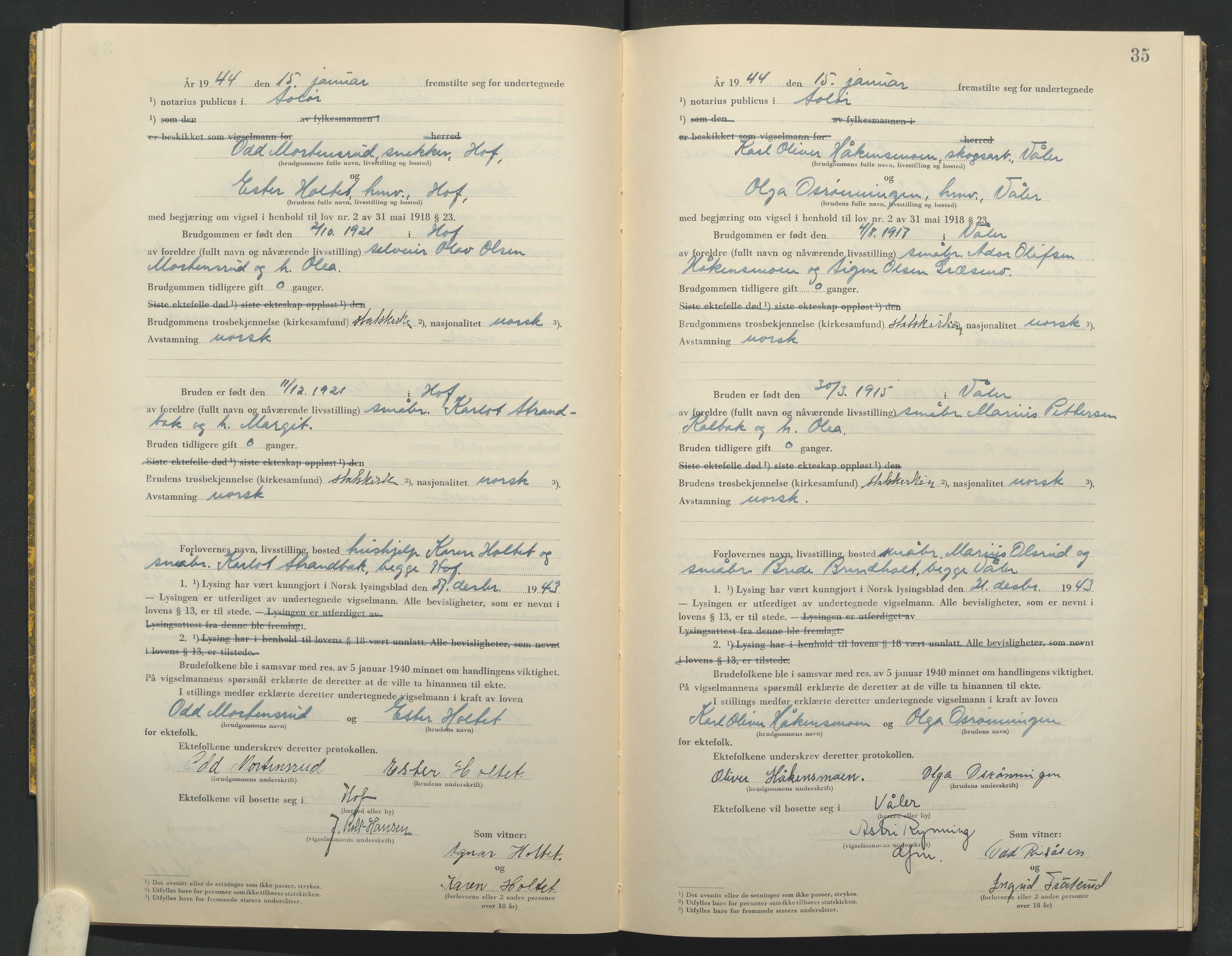 Solør tingrett, AV/SAH-TING-008/L/Lb/L0002: Vigselprotokoll, 1943-1944, p. 35