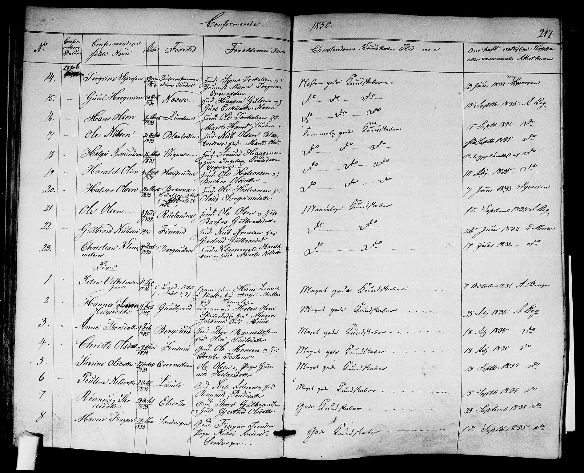 Norderhov kirkebøker, AV/SAKO-A-237/F/Fa/L0011: Parish register (official) no. 11, 1847-1856, p. 217