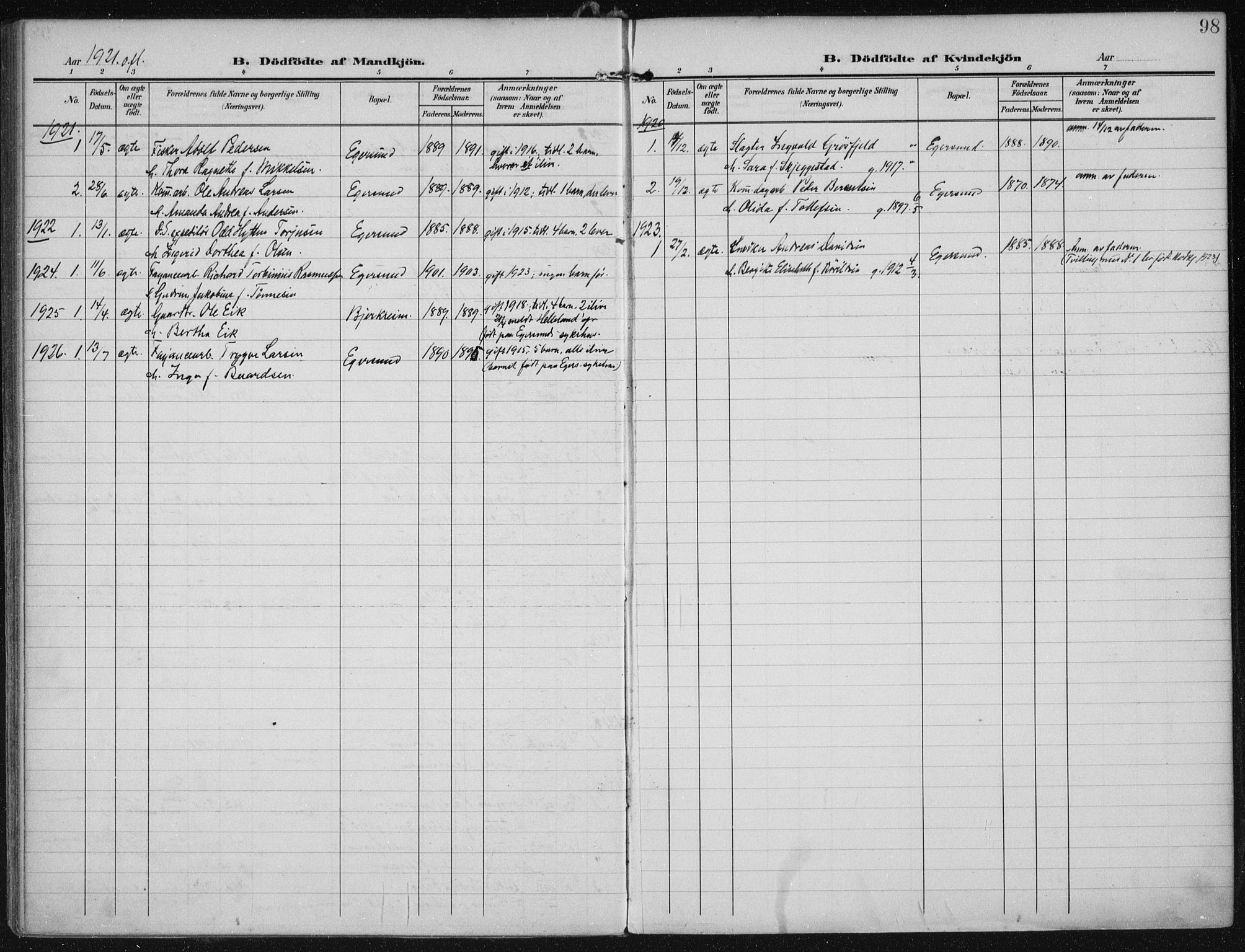 Eigersund sokneprestkontor, AV/SAST-A-101807/S08/L0022: Parish register (official) no. A 21, 1905-1928, p. 98