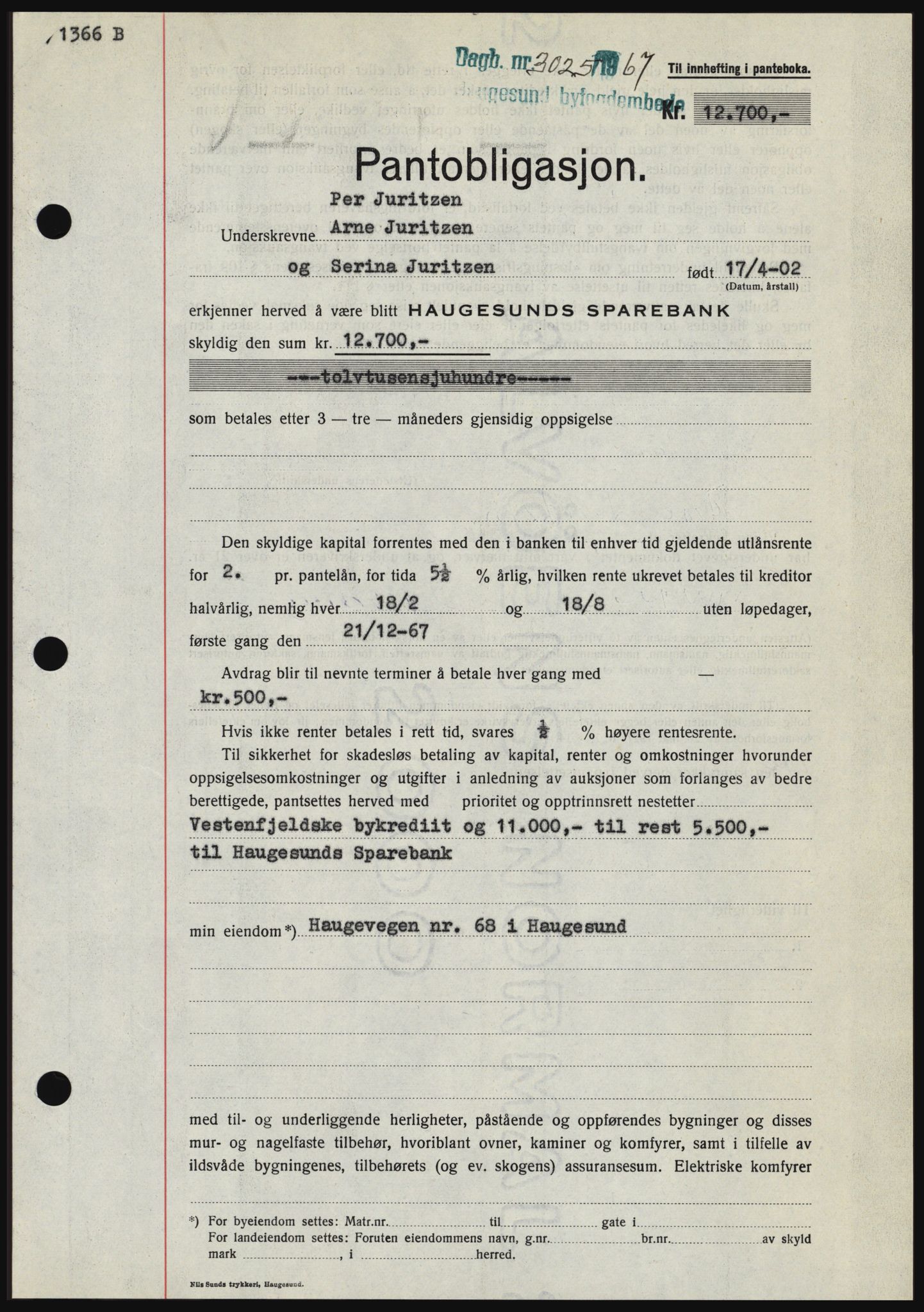 Haugesund tingrett, SAST/A-101415/01/II/IIC/L0058: Mortgage book no. B 58, 1967-1968, Diary no: : 3025/1967