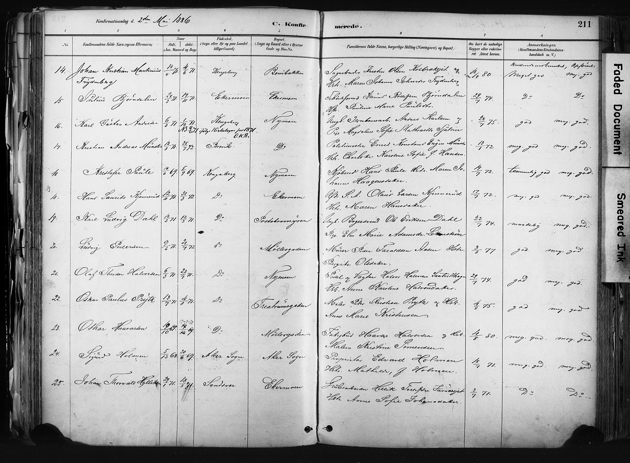 Kongsberg kirkebøker, SAKO/A-22/F/Fb/L0002: Parish register (official) no. II 2, 1886-1896, p. 211