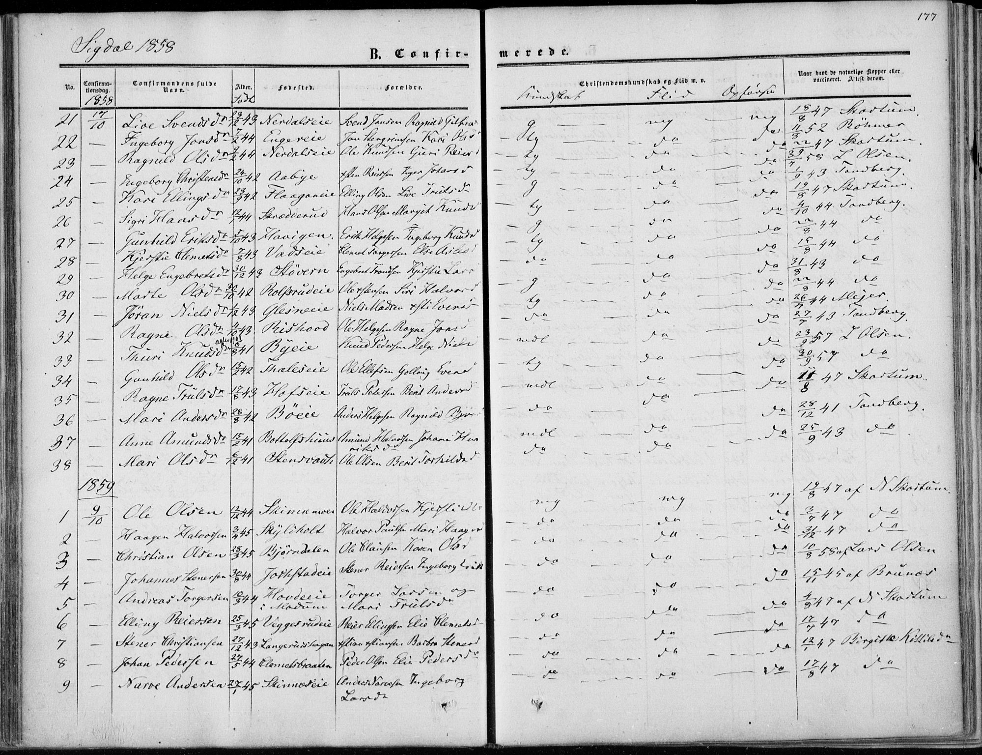 Sigdal kirkebøker, SAKO/A-245/F/Fa/L0008: Parish register (official) no. I 8, 1850-1859, p. 177