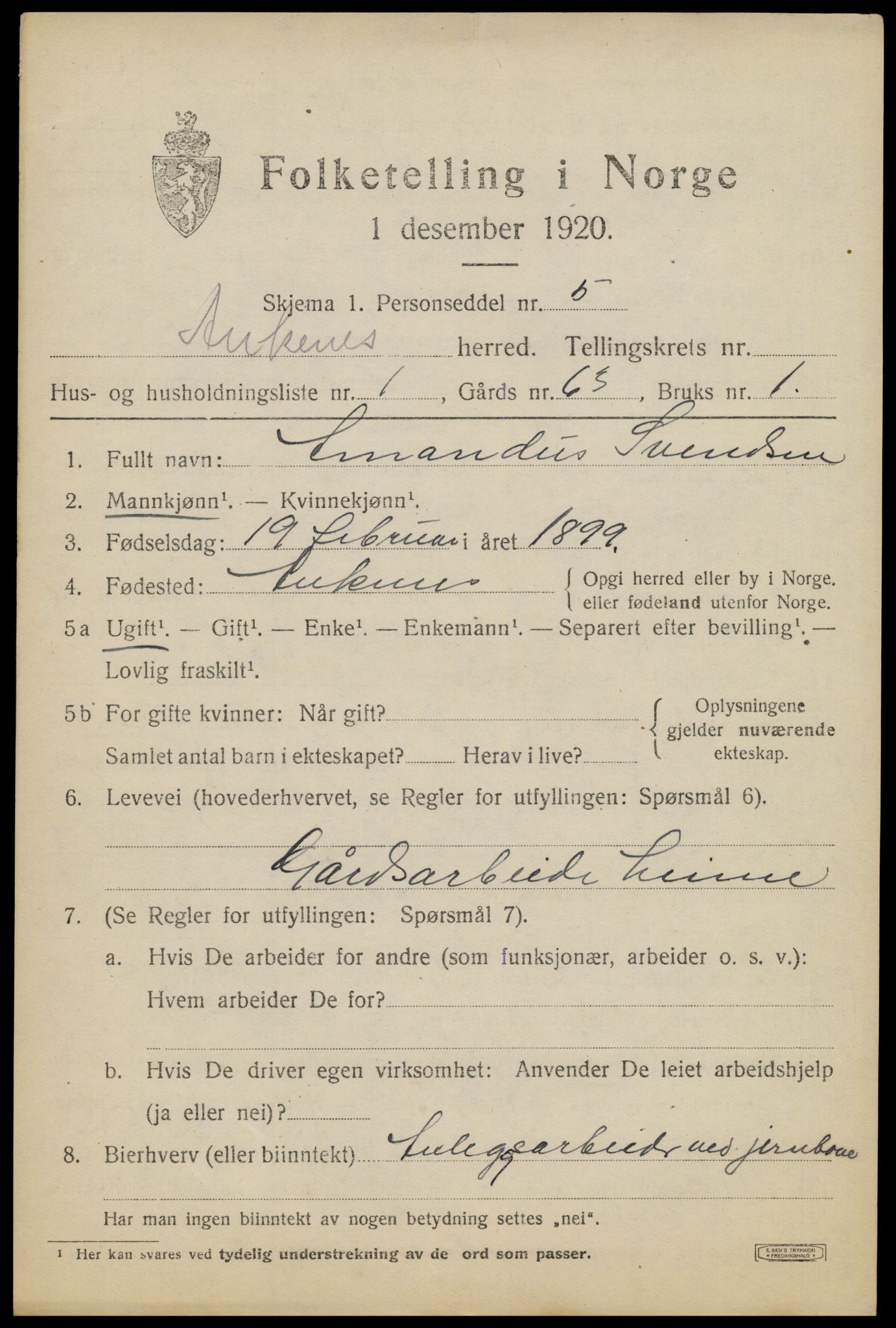 SAT, 1920 census for Ankenes, 1920, p. 7019