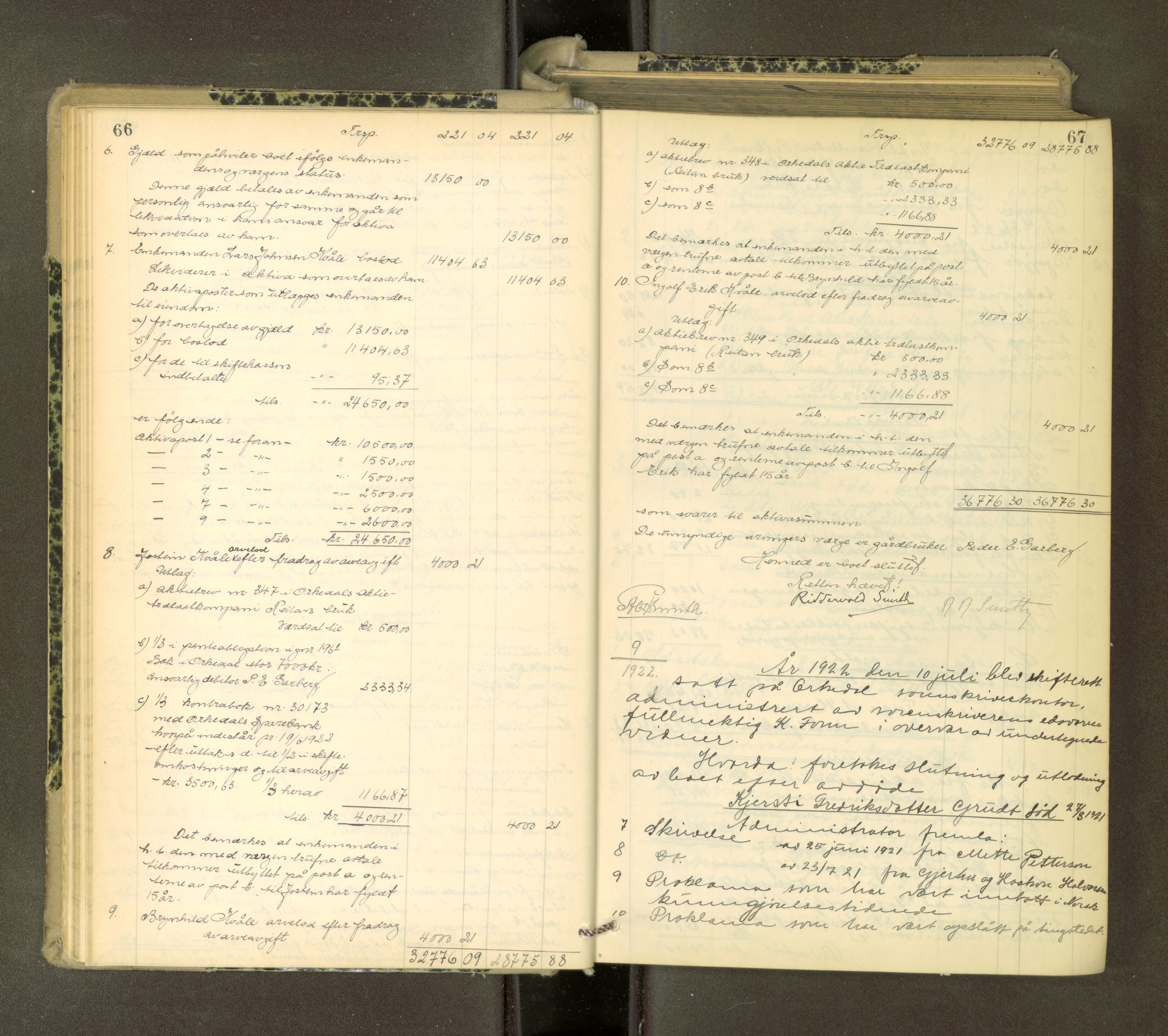 Orkdal sorenskriveri, AV/SAT-A-4169/1/3/3Aa/L0017: Skifteprotokoller, 1921-1929, p. 66-67