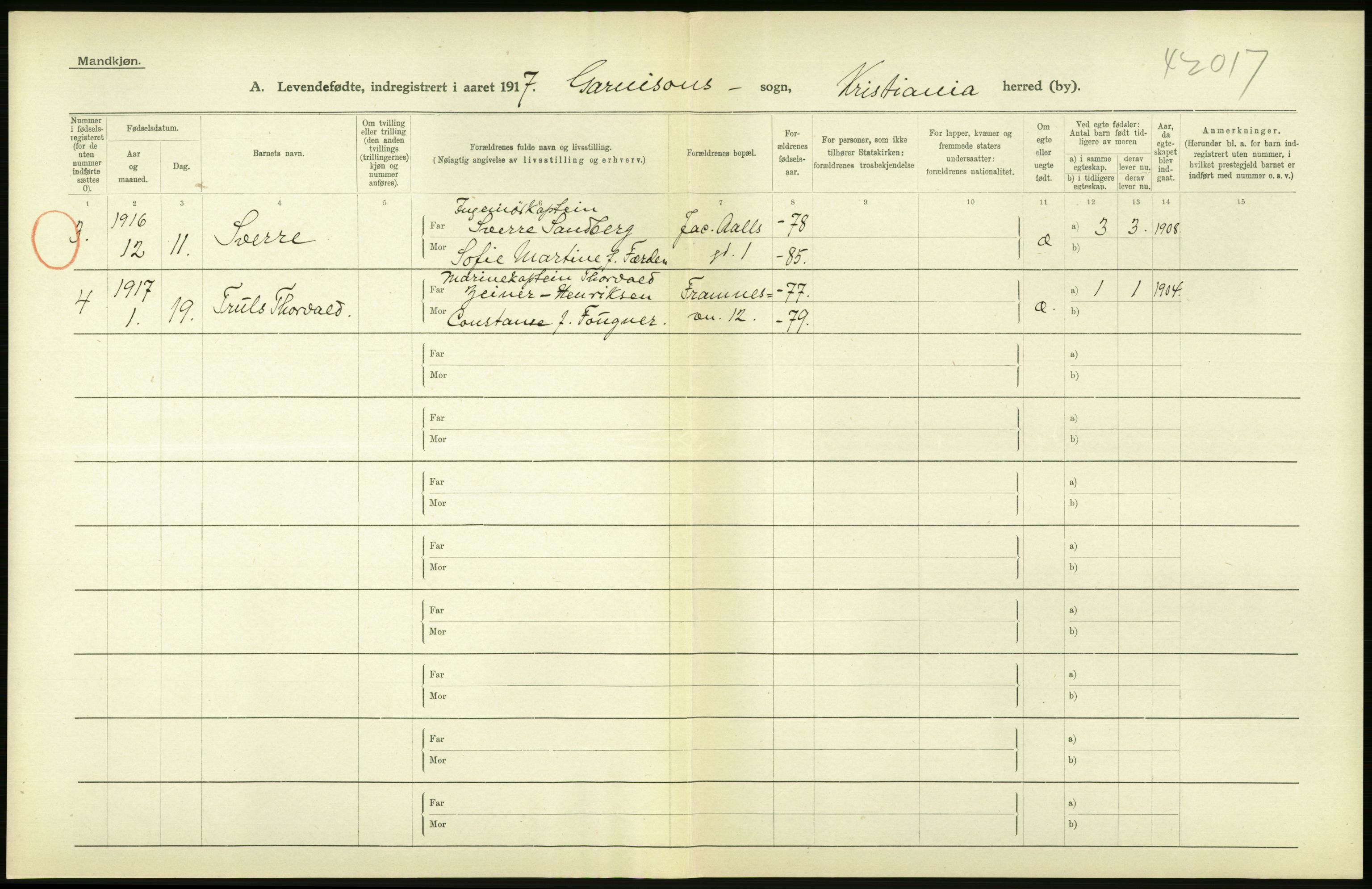 Statistisk sentralbyrå, Sosiodemografiske emner, Befolkning, RA/S-2228/D/Df/Dfb/Dfbg/L0007: Kristiania: Levendefødte menn og kvinner., 1917, p. 50