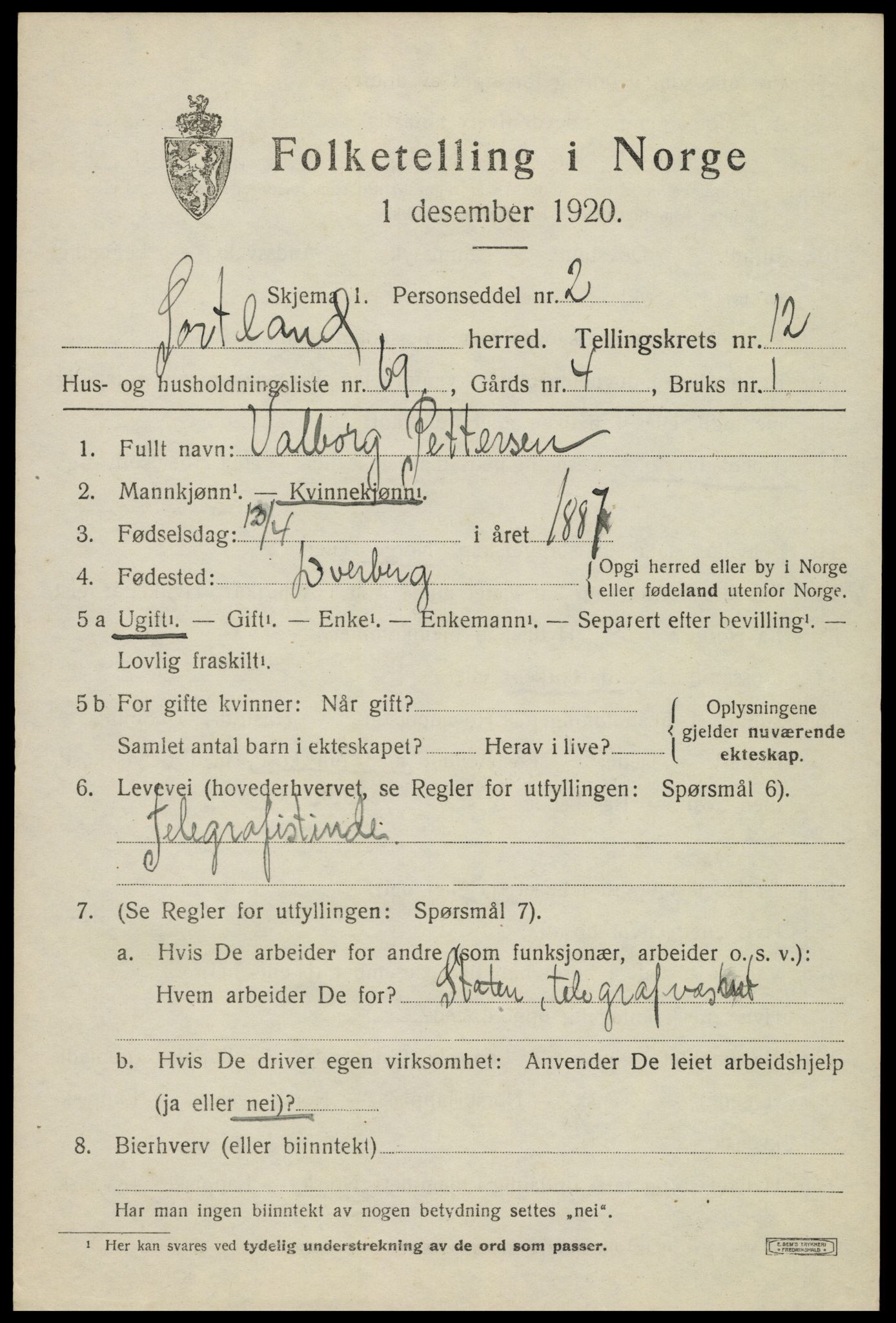 SAT, 1920 census for Sortland, 1920, p. 9922