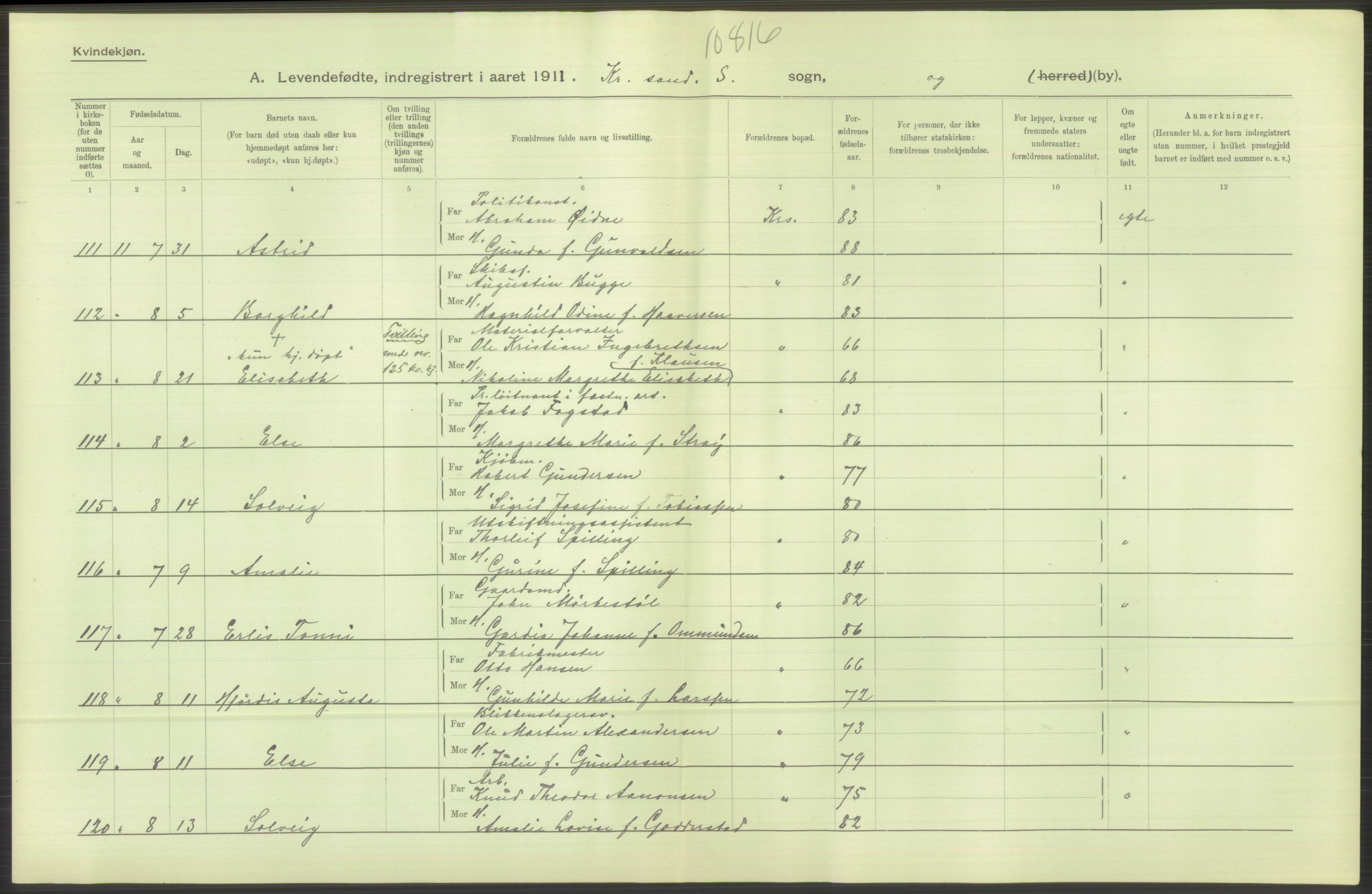 Statistisk sentralbyrå, Sosiodemografiske emner, Befolkning, AV/RA-S-2228/D/Df/Dfb/Dfba/L0023: Lister og Mandals amt:  Levendefødte menn og kvinner. Bygder og byer., 1911, p. 16