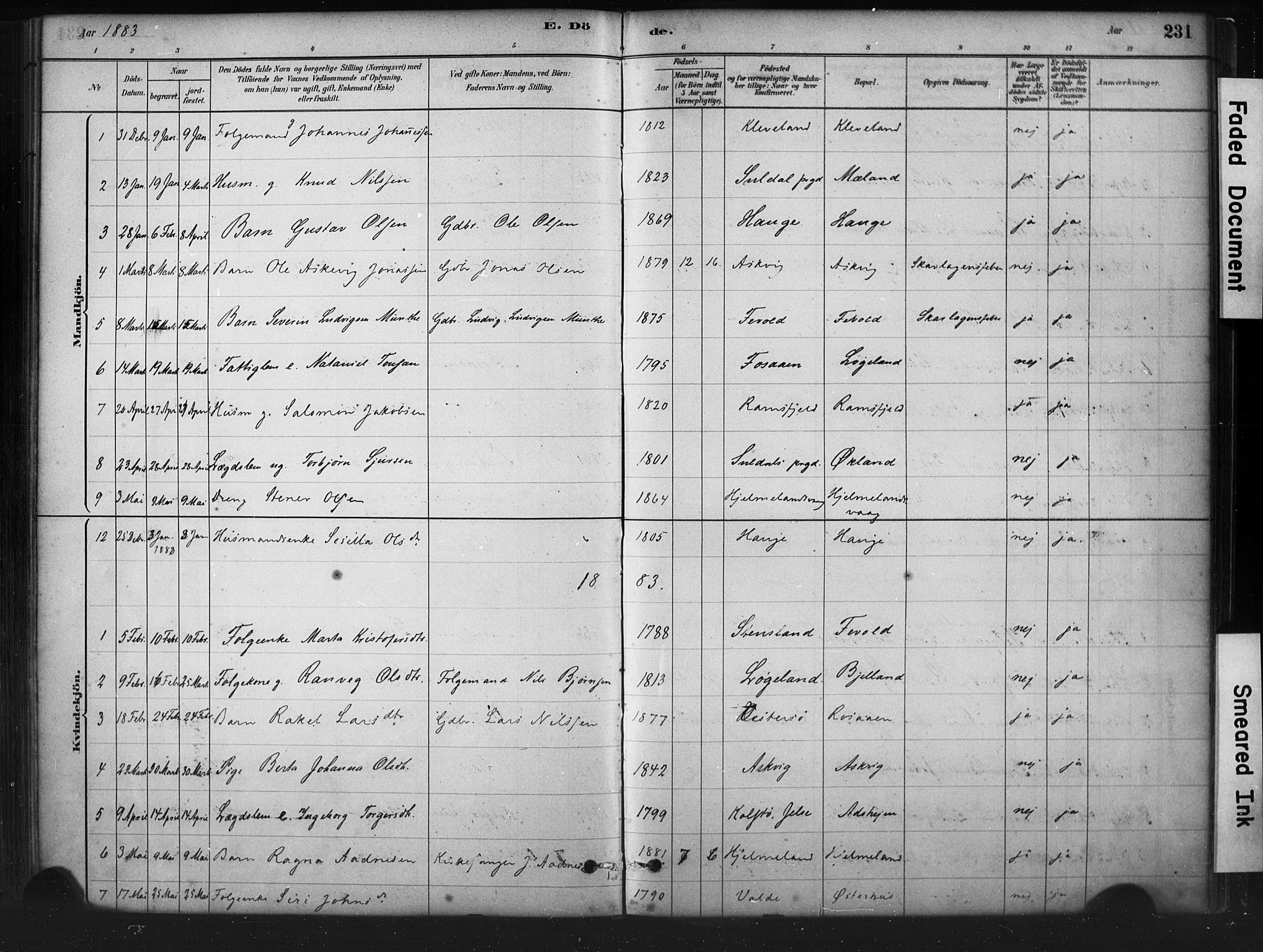 Hjelmeland sokneprestkontor, AV/SAST-A-101843/01/IV/L0014: Parish register (official) no. A 14, 1879-1900, p. 231