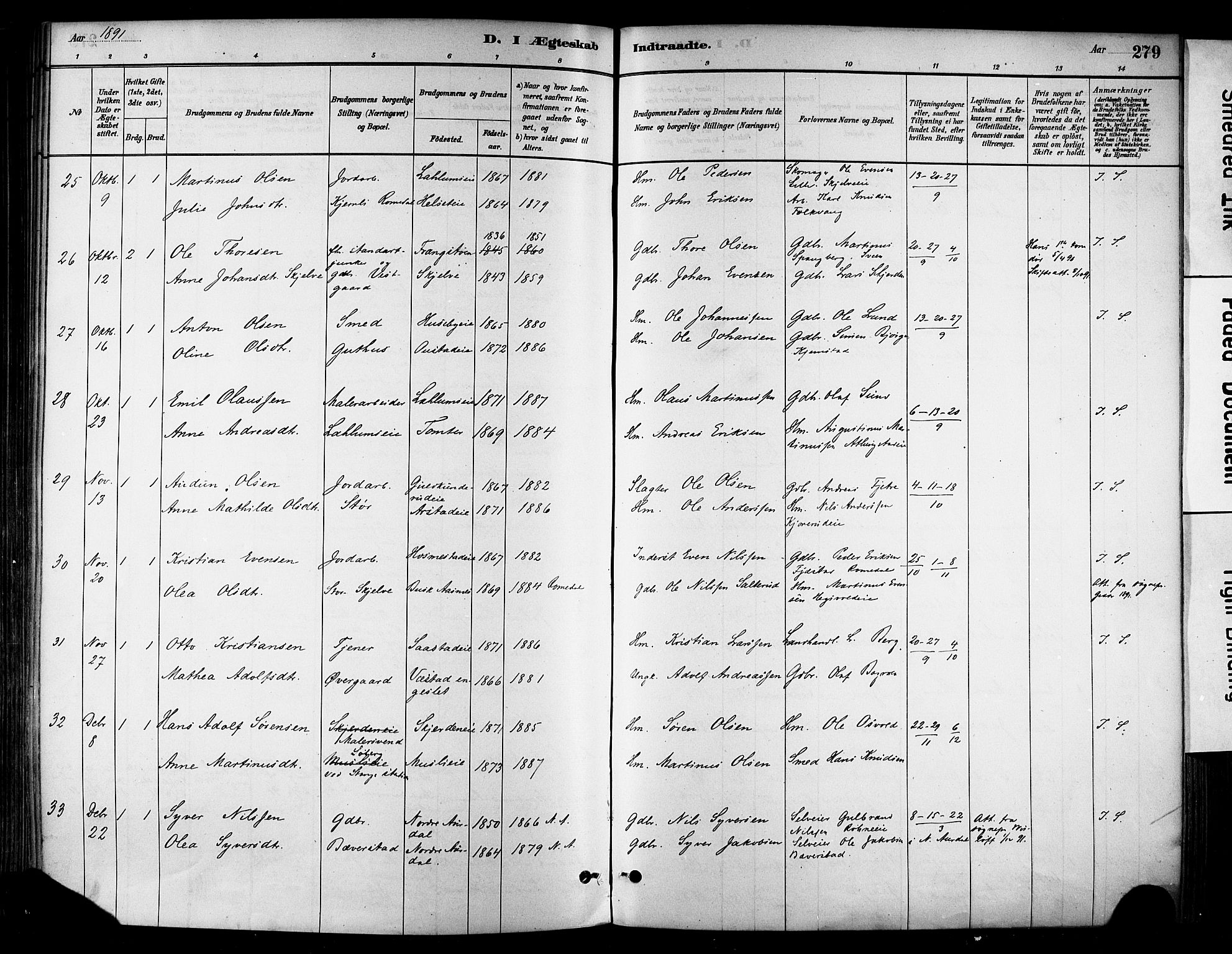 Stange prestekontor, SAH/PREST-002/K/L0017: Parish register (official) no. 17, 1880-1893, p. 279