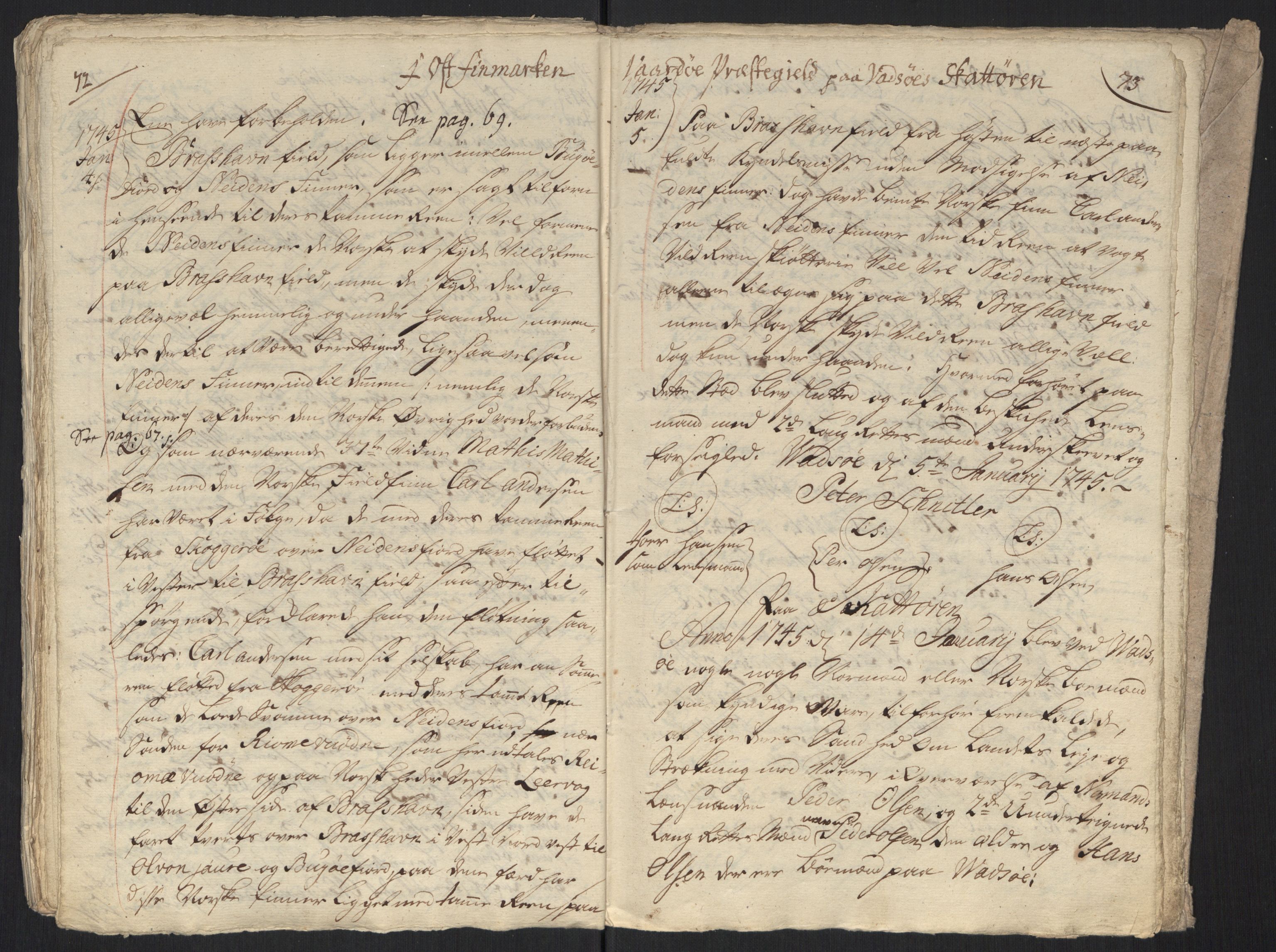 Danske Kanselli, Grensearkivet, RA/EA-4062/F/L0011a/0004: Volum XXIII-XXVIa / Vol. XXVIa: Major Schnitlers grenseeksaminasjonsprotokoll, 6. bind, 1744-1745, p. 72-73