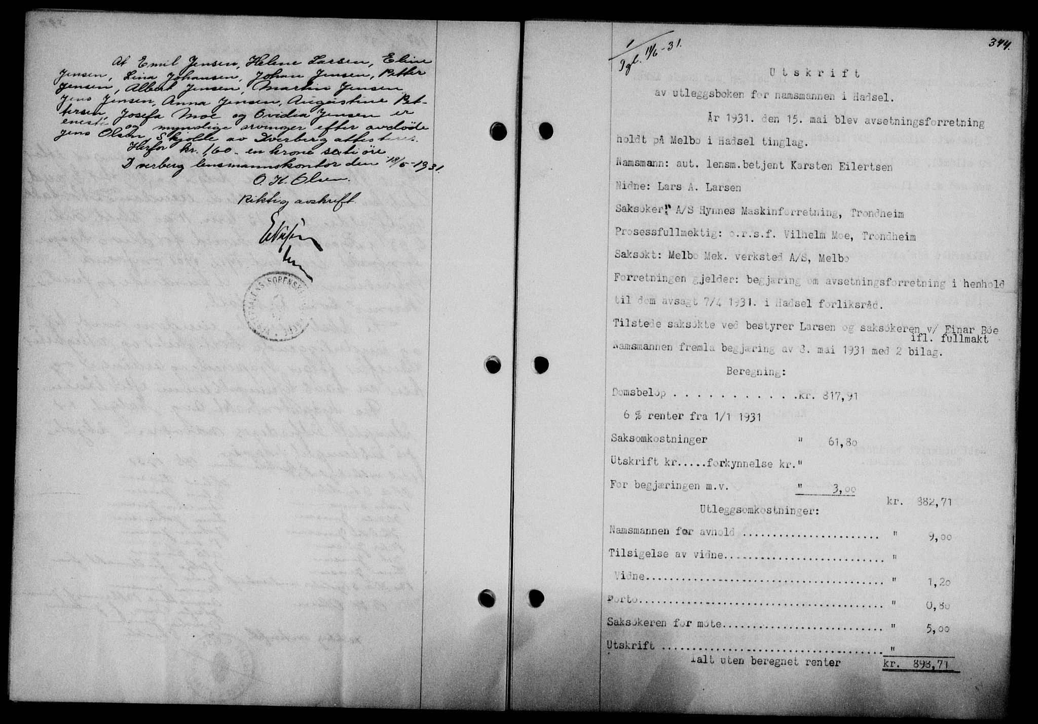 Vesterålen sorenskriveri, SAT/A-4180/1/2/2Ca/L0053: Mortgage book no. 46, 1931-1931, Deed date: 11.06.1931