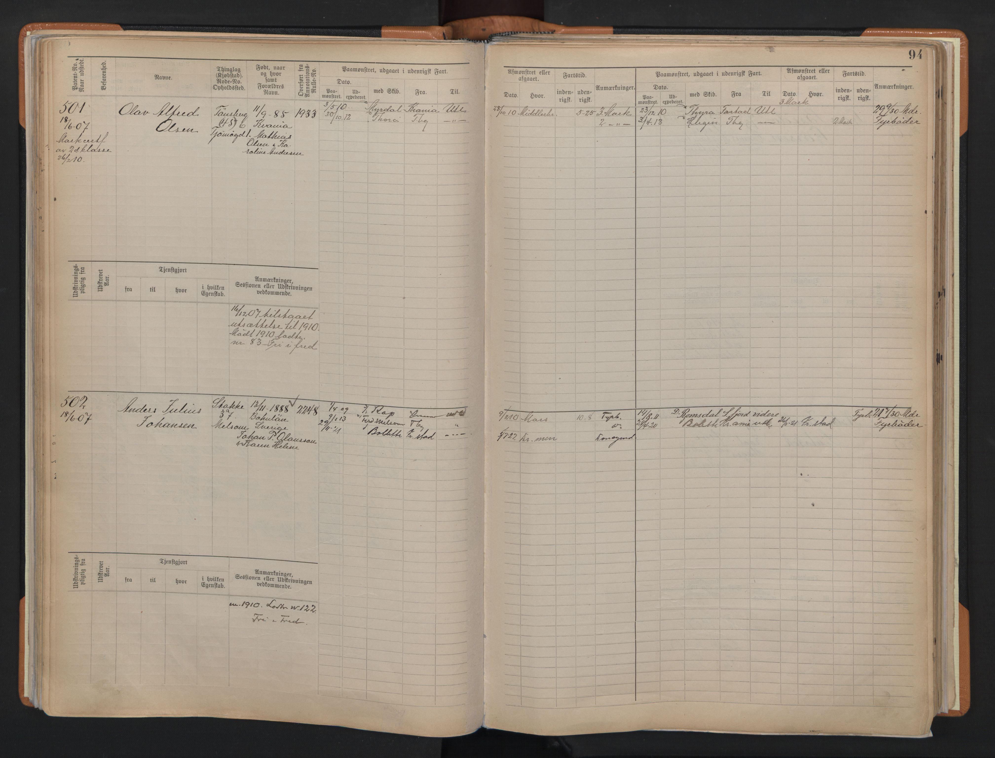 Tønsberg innrulleringskontor, AV/SAKO-A-786/F/Fe/L0004: Maskinist- og fyrbøterrulle Patent nr. 315-1079, 1902-1922, p. 94