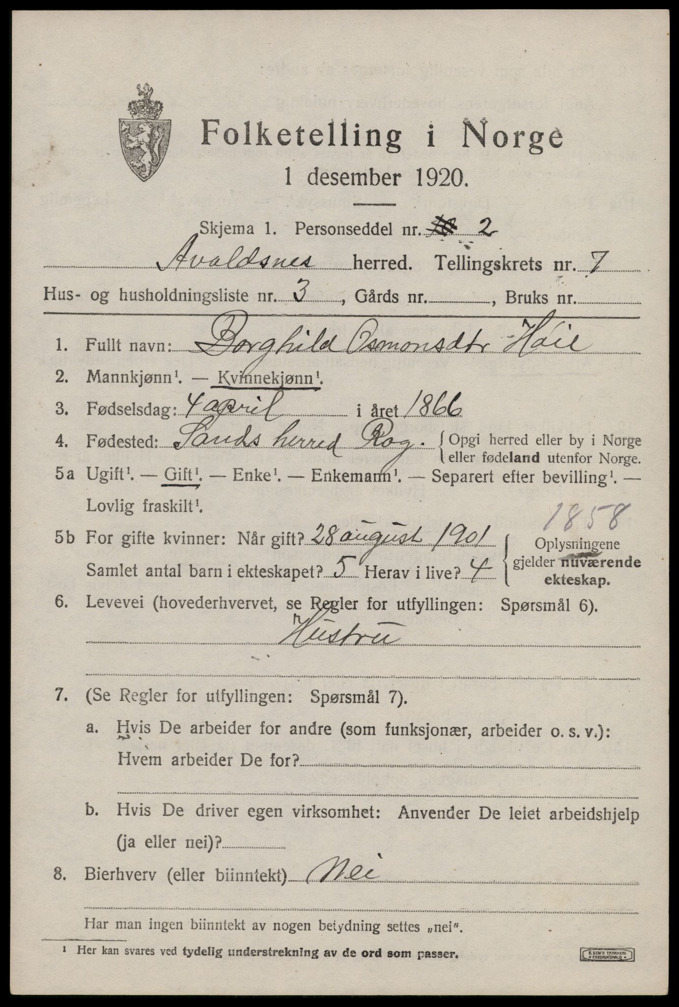 SAST, 1920 census for Avaldsnes, 1920, p. 5893