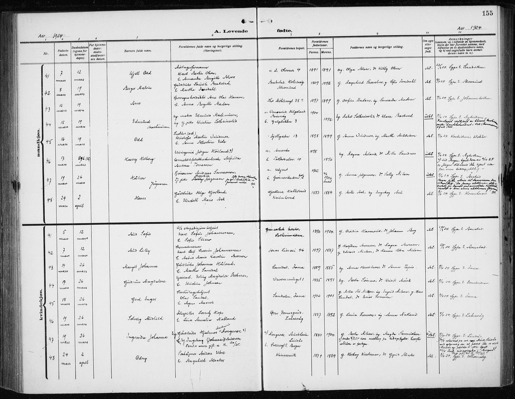 Fødselsstiftelsens sokneprestembete*, SAB/-: Parish register (official) no. A 5, 1918-1926, p. 155