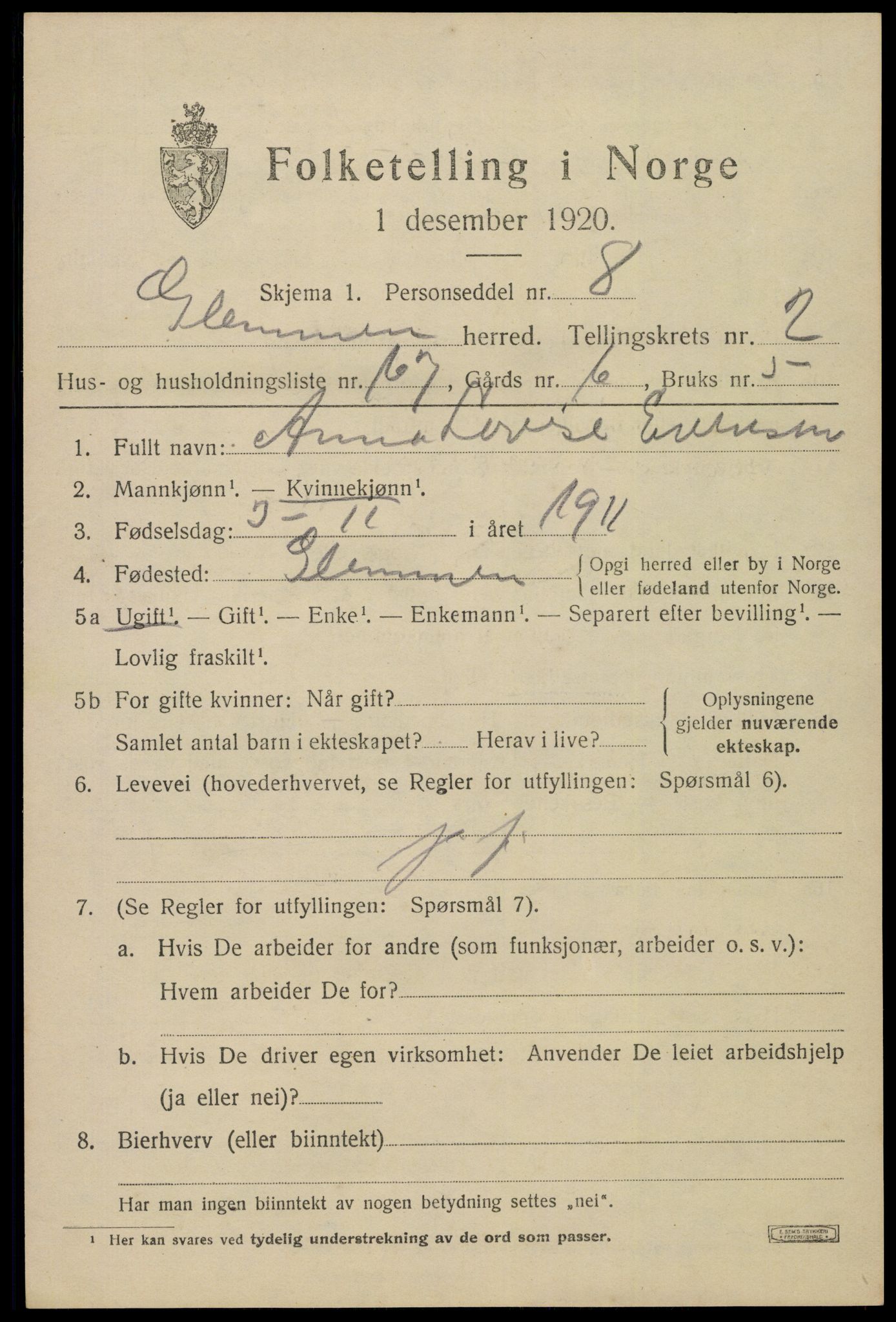 SAO, 1920 census for Glemmen, 1920, p. 5145