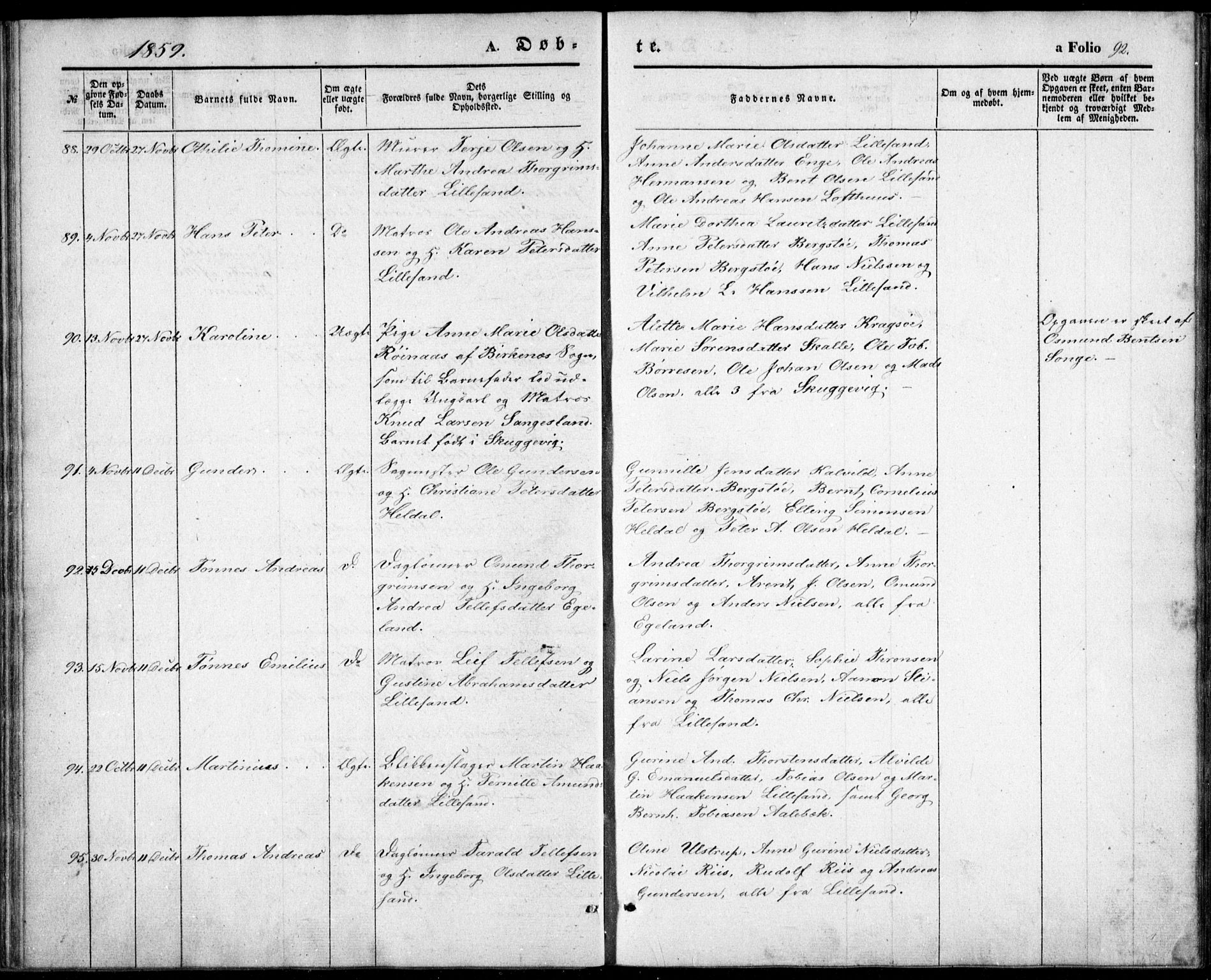 Vestre Moland sokneprestkontor, AV/SAK-1111-0046/F/Fb/Fbb/L0003: Parish register (copy) no. B 3, 1851-1861, p. 92