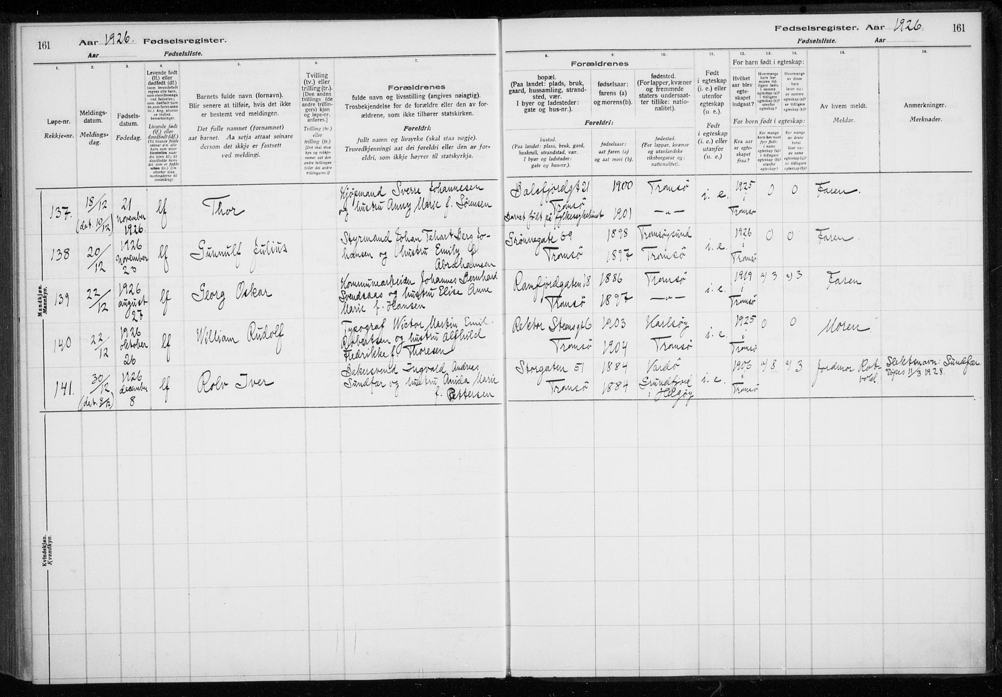 Tromsø sokneprestkontor/stiftsprosti/domprosti, AV/SATØ-S-1343/H/Ha/L0132: Birth register no. 132, 1921-1927, p. 161