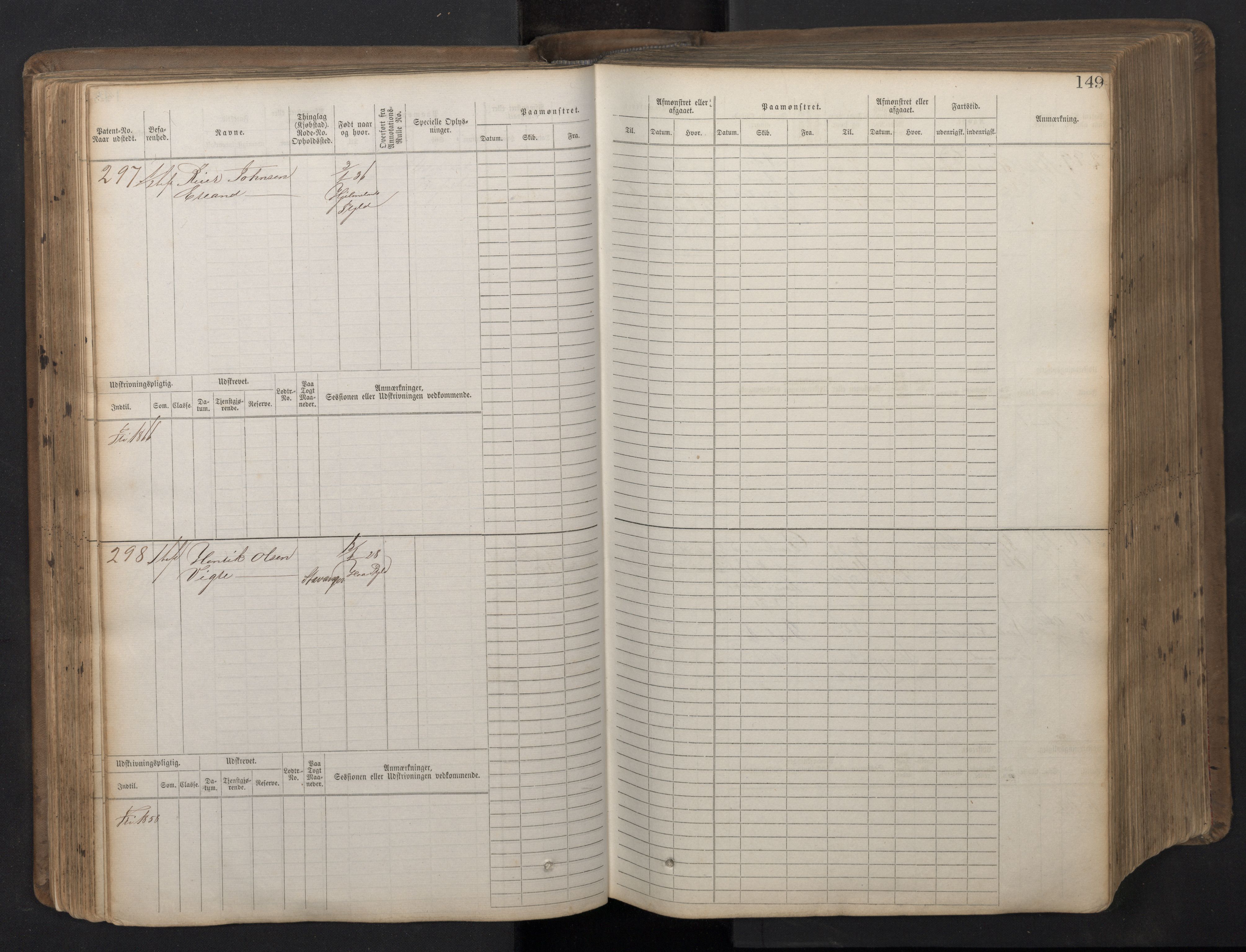 Stavanger sjømannskontor, AV/SAST-A-102006/F/Fb/Fbb/L0016: Sjøfartshovedrulle patnentnr. 1-1202 (dublett), 1869, p. 149