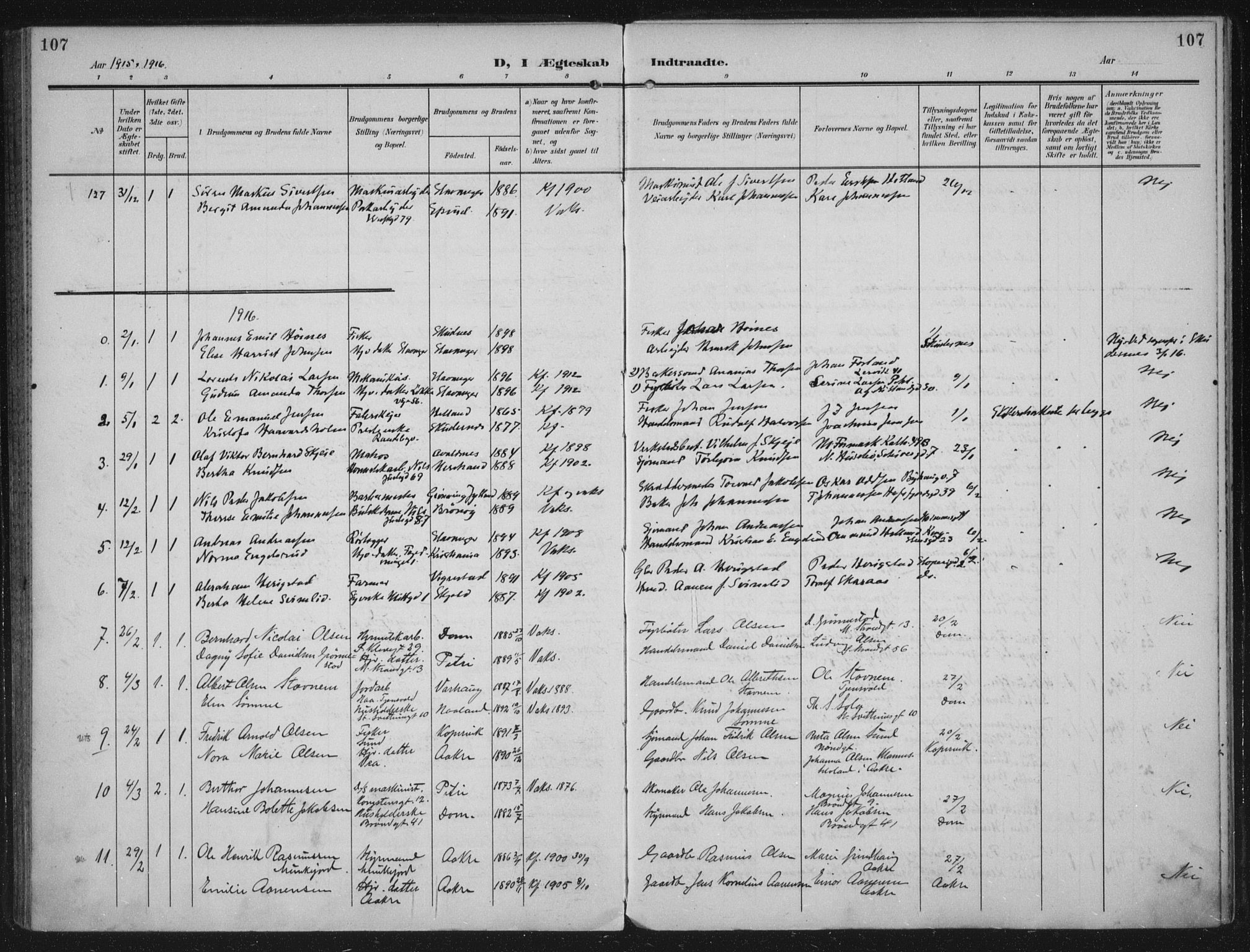 Domkirken sokneprestkontor, SAST/A-101812/002/A/L0016: Parish register (official) no. A 33, 1905-1922, p. 107