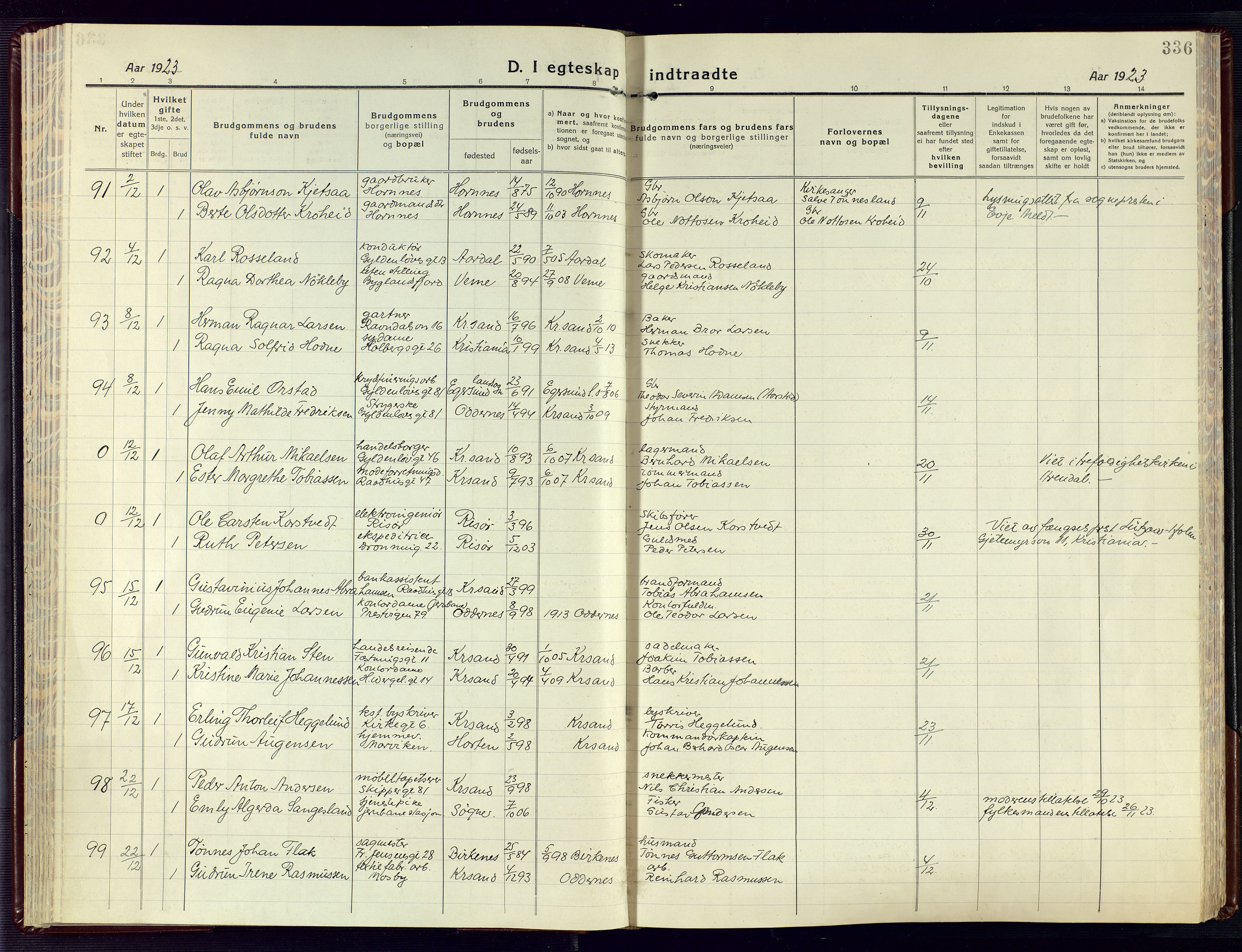 Kristiansand domprosti, AV/SAK-1112-0006/F/Fa/L0028: Parish register (official) no. A 27, 1917-1926, p. 336