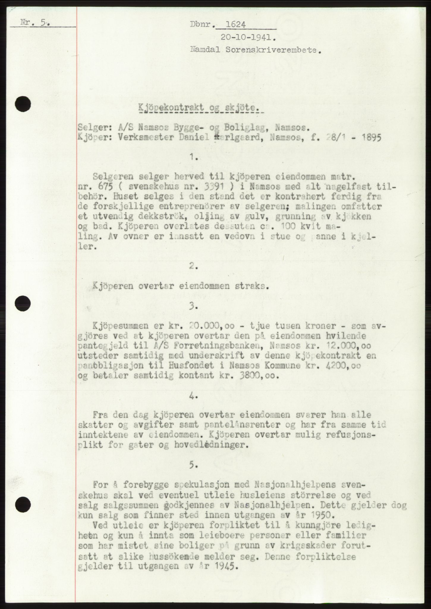 Namdal sorenskriveri, SAT/A-4133/1/2/2C: Mortgage book no. -, 1941-1942, Diary no: : 1624/1941