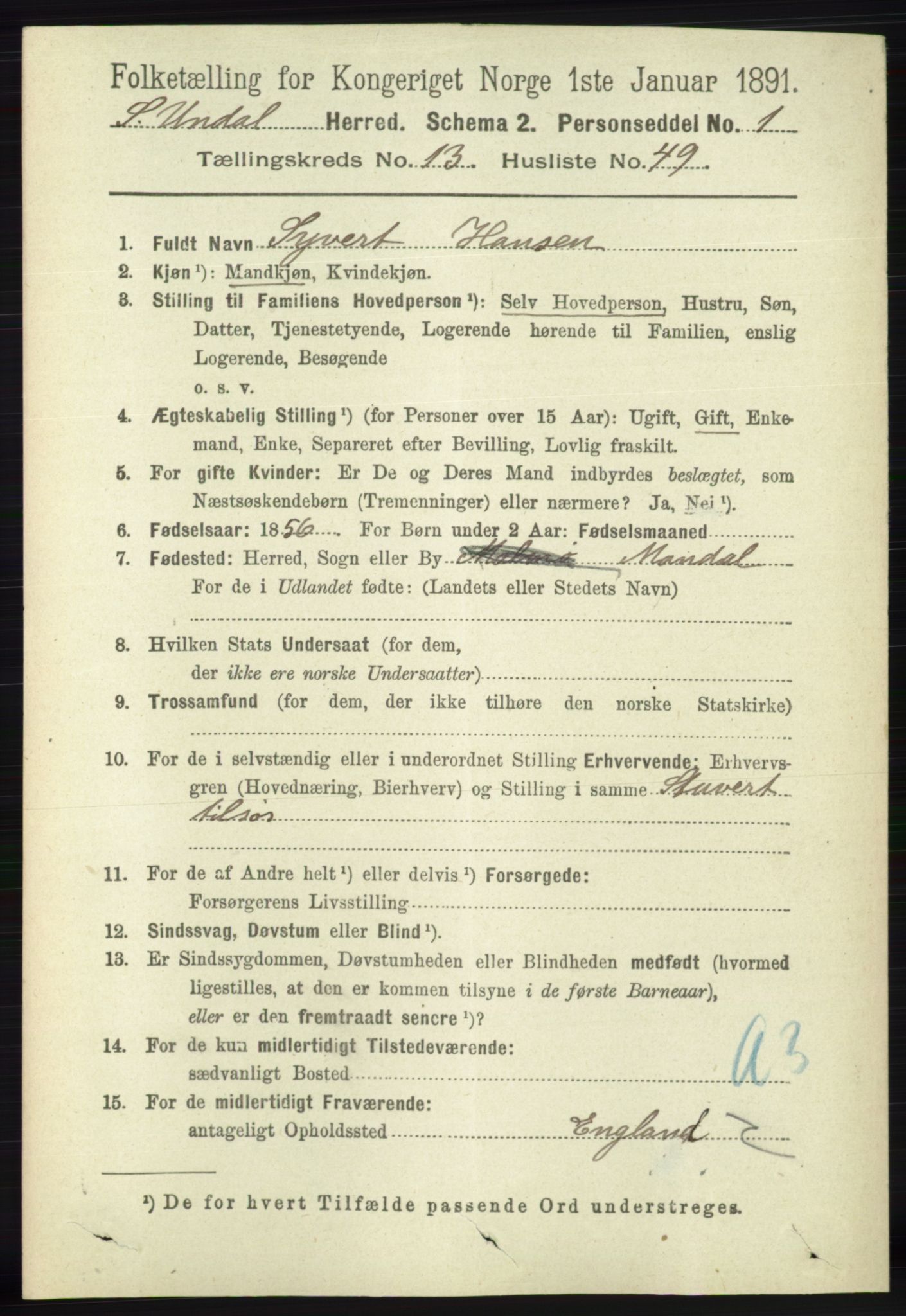 RA, 1891 census for 1029 Sør-Audnedal, 1891, p. 6030