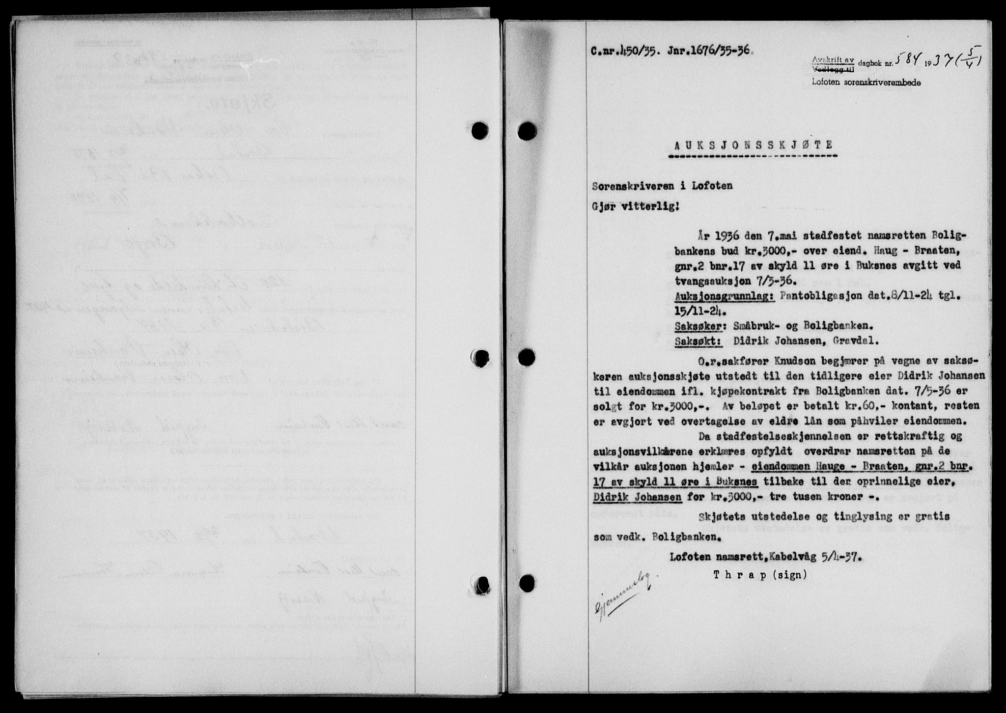 Lofoten sorenskriveri, SAT/A-0017/1/2/2C/L0002a: Mortgage book no. 2a, 1937-1937, Diary no: : 584/1937