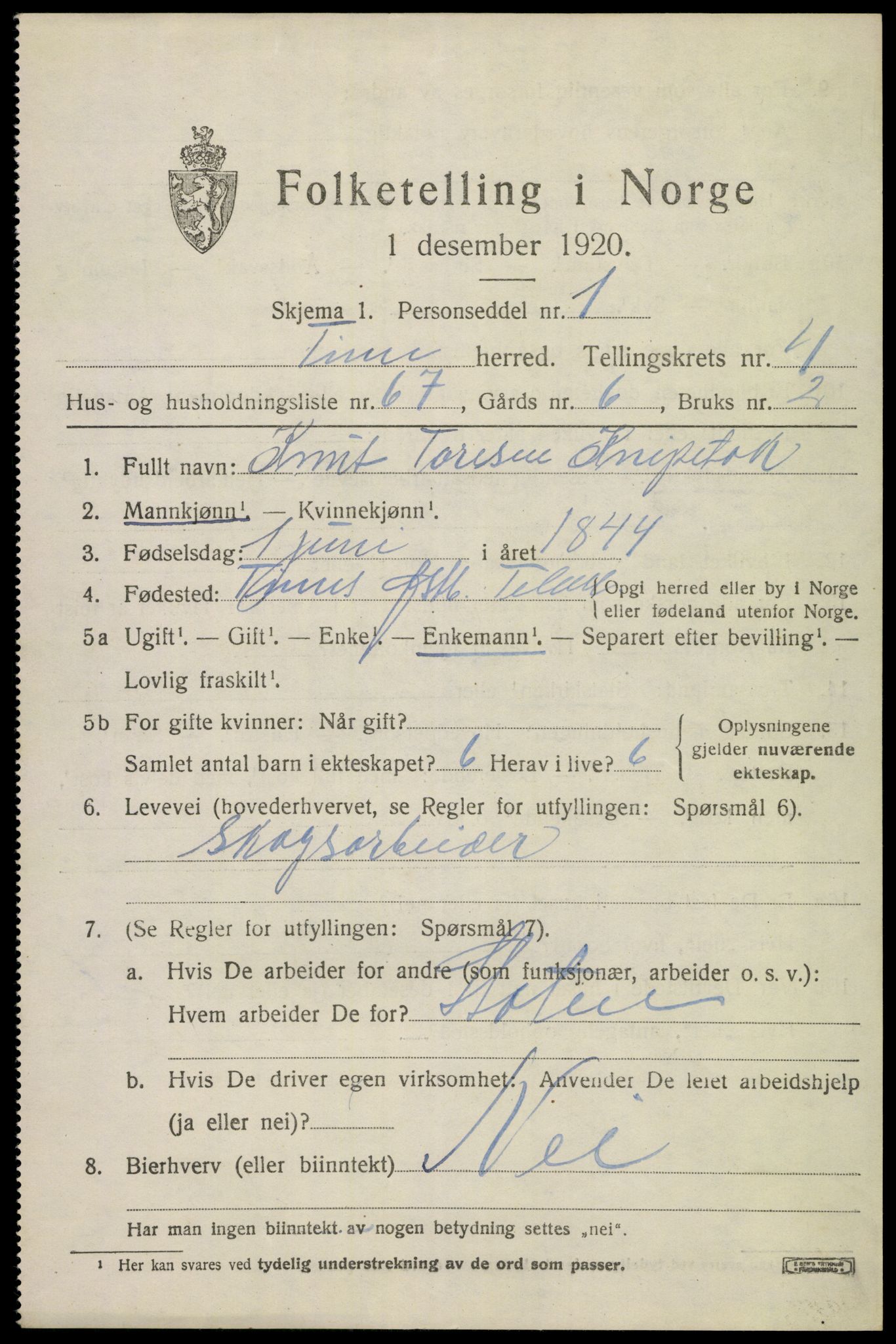 SAKO, 1920 census for Tinn, 1920, p. 4454