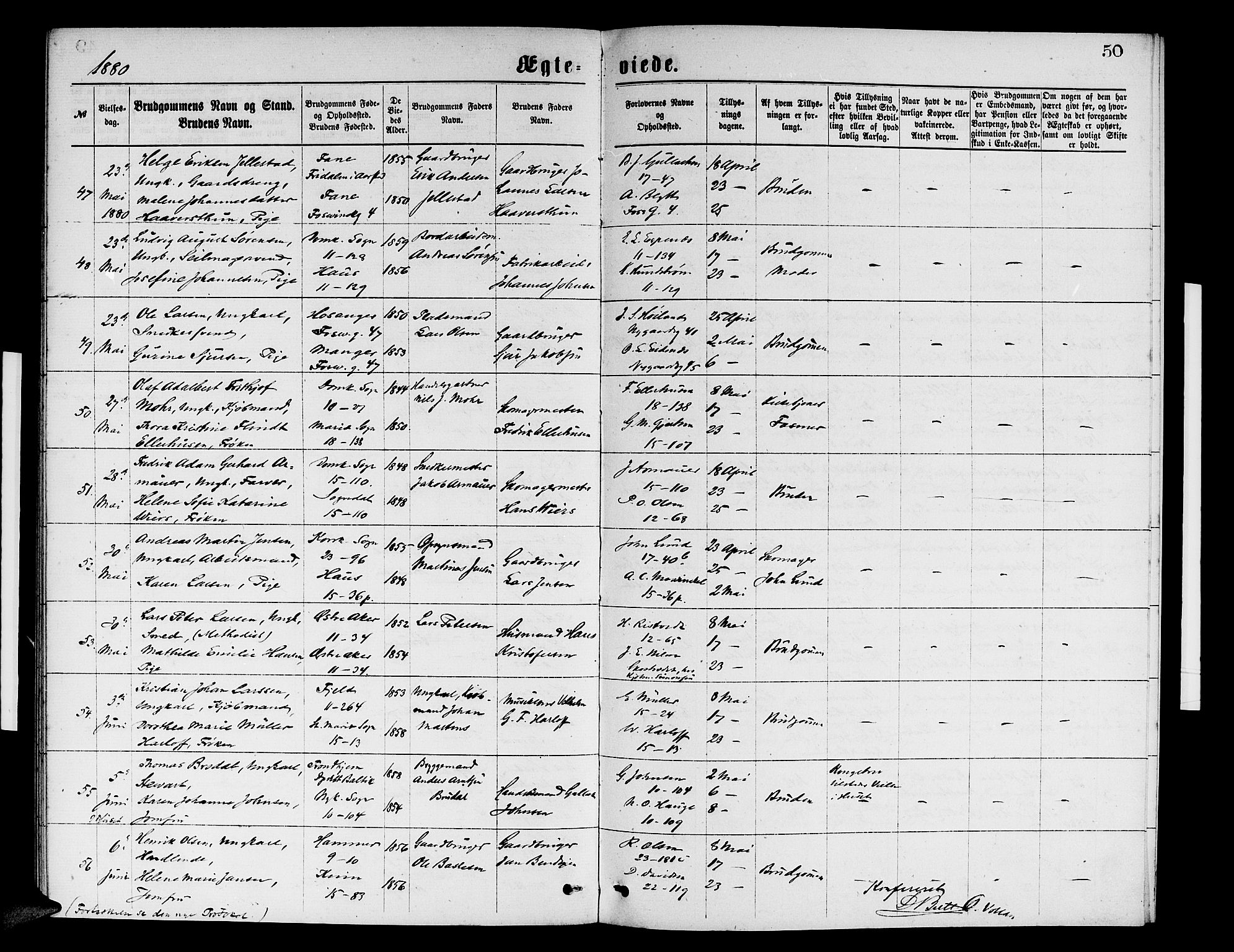 Domkirken sokneprestembete, AV/SAB-A-74801/H/Hab/L0031: Parish register (copy) no. D 3, 1877-1880, p. 50