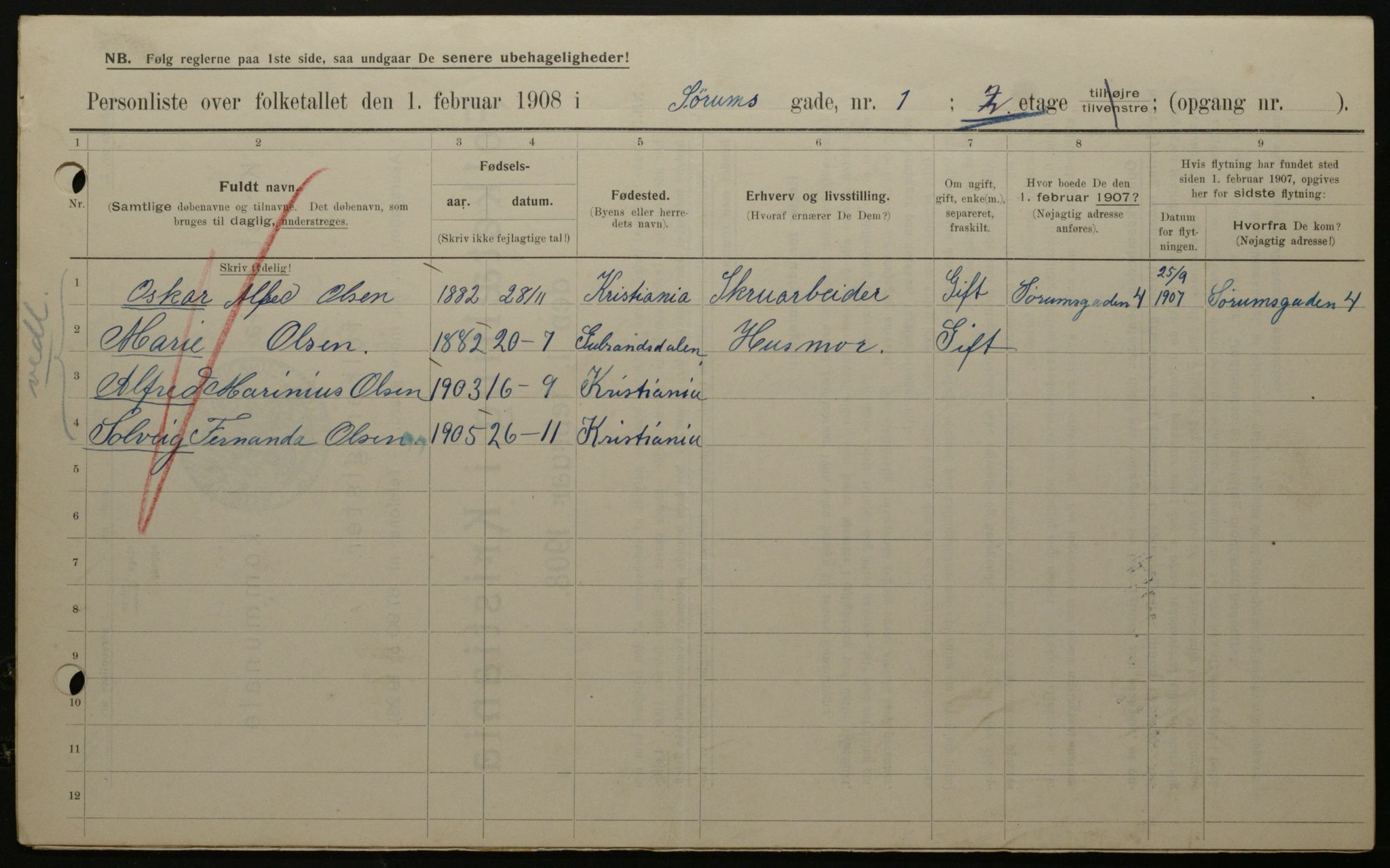 OBA, Municipal Census 1908 for Kristiania, 1908, p. 96067