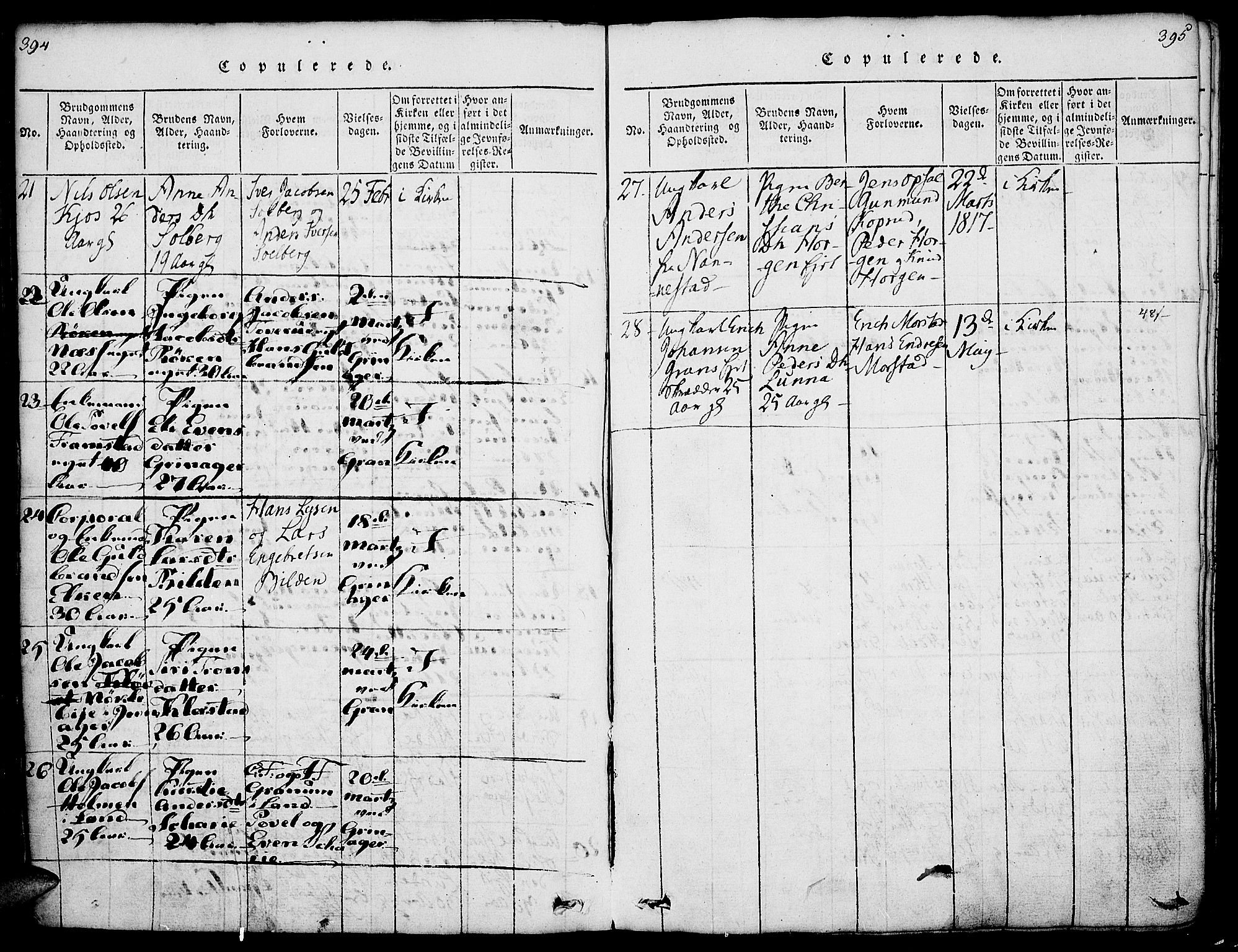 Gran prestekontor, SAH/PREST-112/H/Ha/Haa/L0009: Parish register (official) no. 9, 1815-1824, p. 394-395