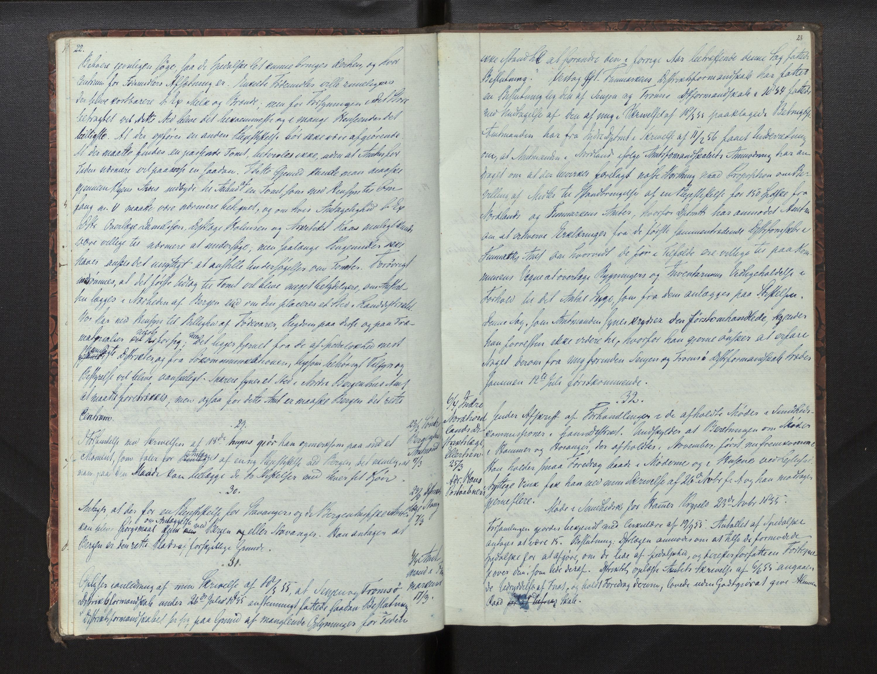 Lepraarkiver - Overlegen for den spedalske sykdom, AV/SAB-A-61001/B.c/L0001: Journal, 1854-1859, p. 22-23