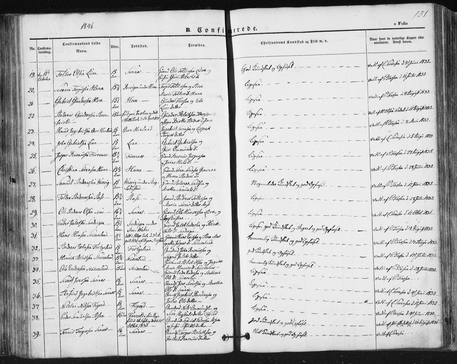 Høyland sokneprestkontor, SAST/A-101799/001/30BA/L0008: Parish register (official) no. A 8, 1841-1856, p. 151