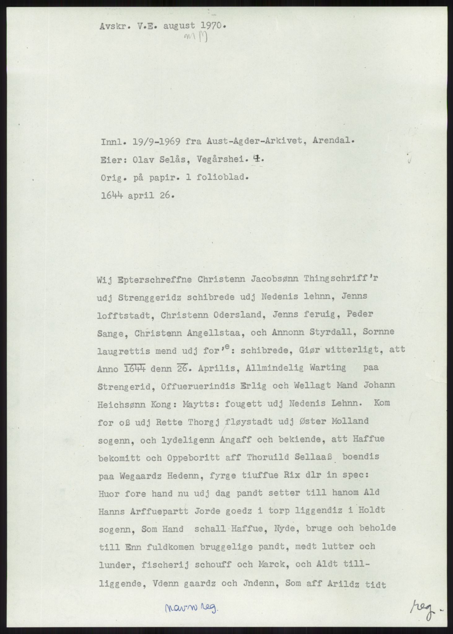 Samlinger til kildeutgivelse, Diplomavskriftsamlingen, RA/EA-4053/H/Ha, p. 1961