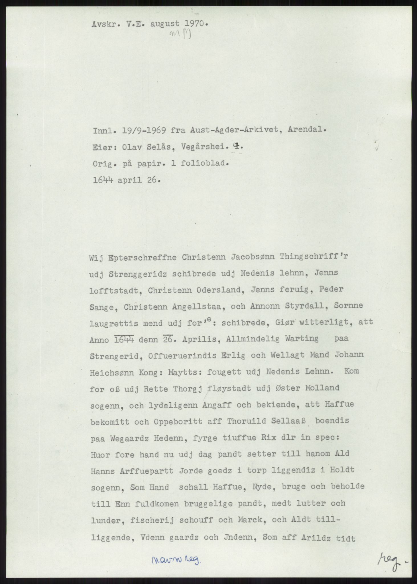 Samlinger til kildeutgivelse, Diplomavskriftsamlingen, AV/RA-EA-4053/H/Ha, p. 1961