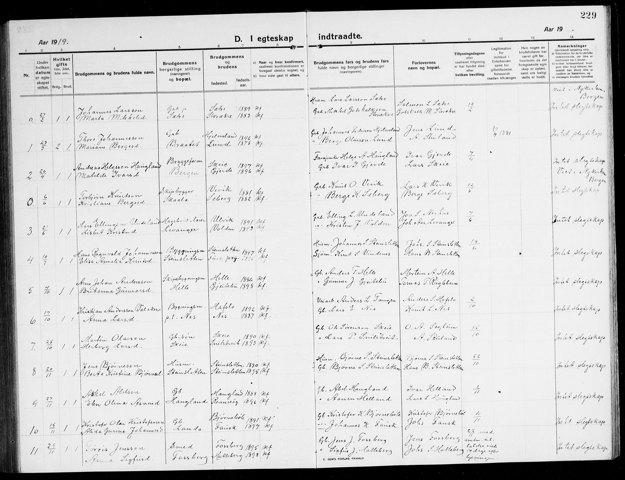 Kvinnherad sokneprestembete, AV/SAB-A-76401/H/Hab: Parish register (copy) no. A 3, 1911-1945, p. 229