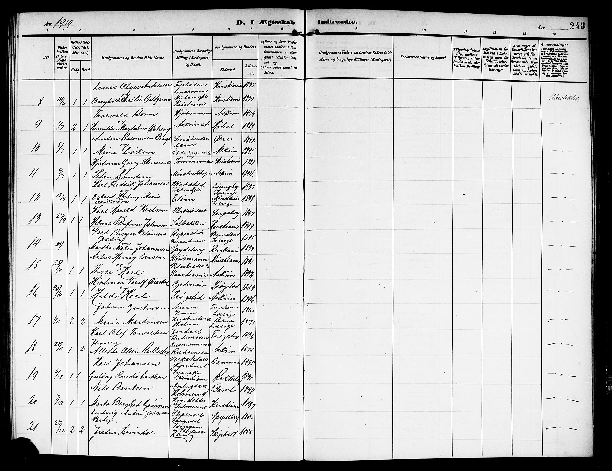 Askim prestekontor Kirkebøker, AV/SAO-A-10900/G/Ga/L0002: Parish register (copy) no. 2, 1903-1921, p. 243