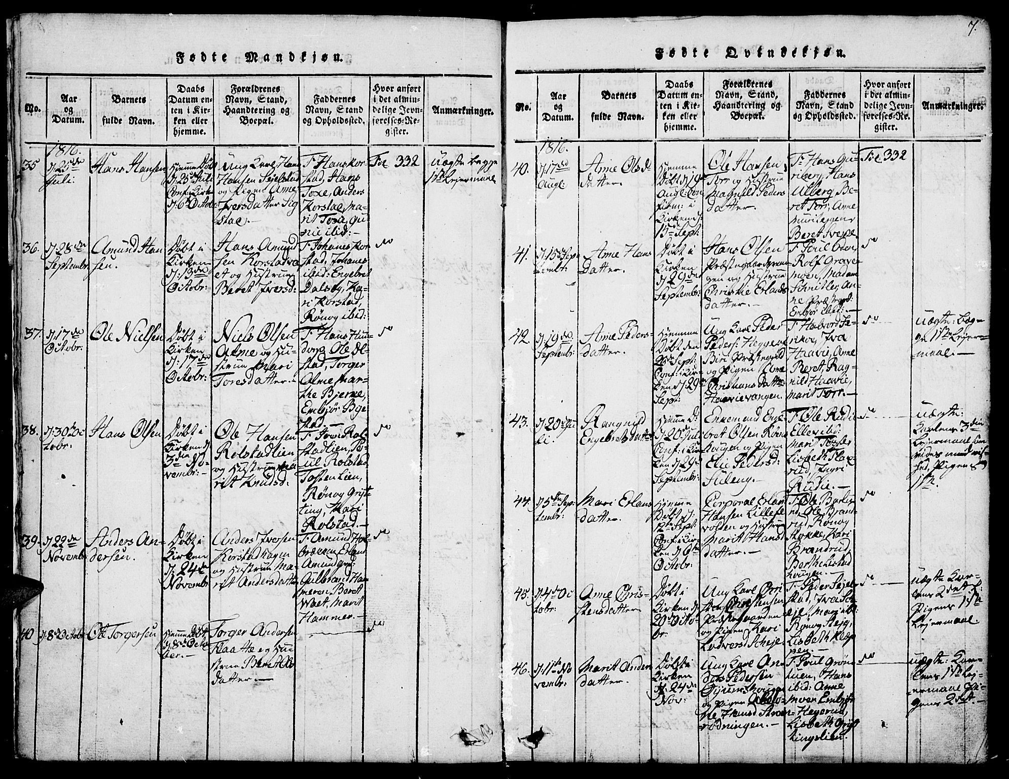 Fron prestekontor, SAH/PREST-078/H/Ha/Hab/L0001: Parish register (copy) no. 1, 1816-1843, p. 7