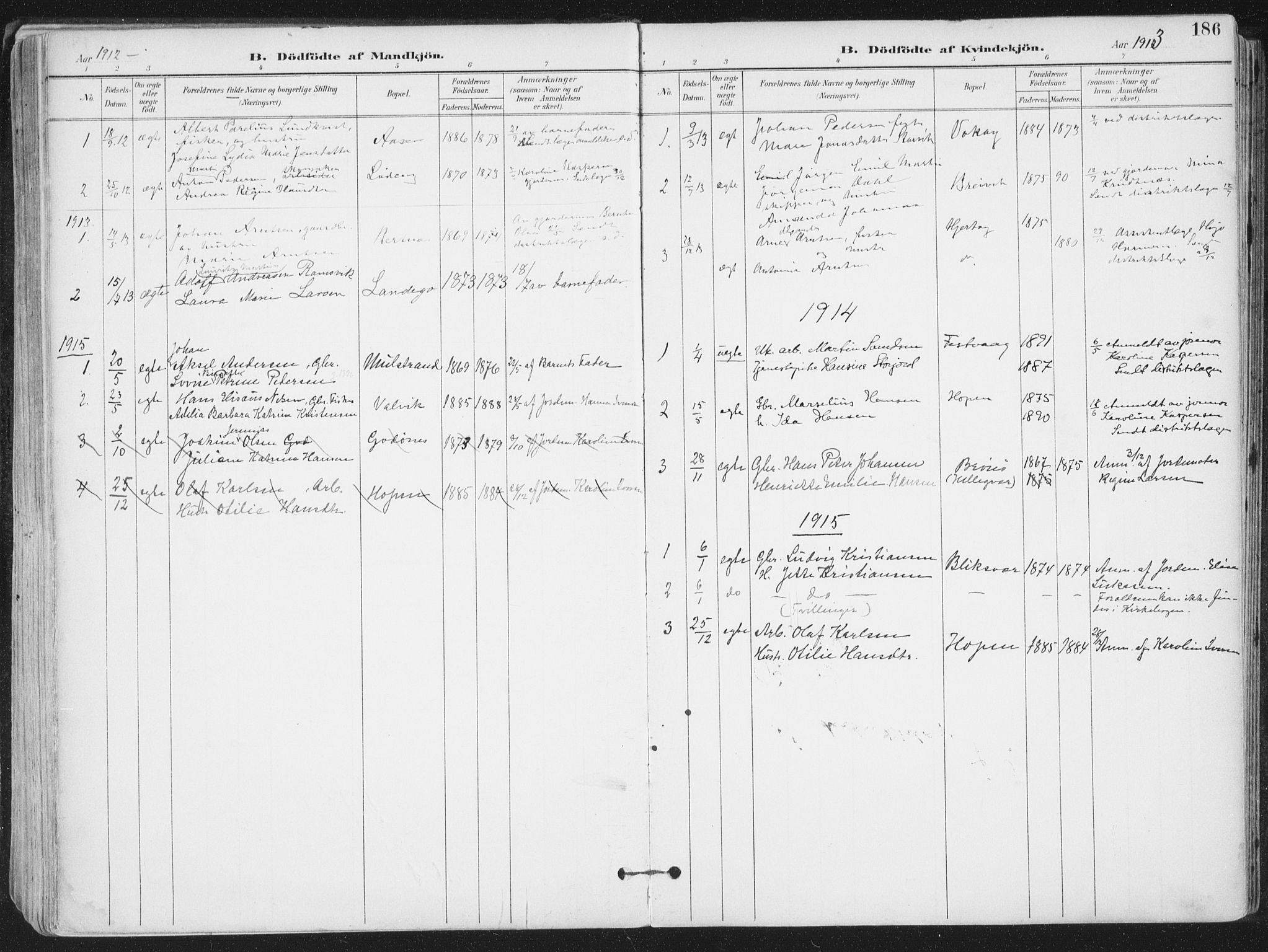 Ministerialprotokoller, klokkerbøker og fødselsregistre - Nordland, SAT/A-1459/802/L0055: Parish register (official) no. 802A02, 1894-1915, p. 186