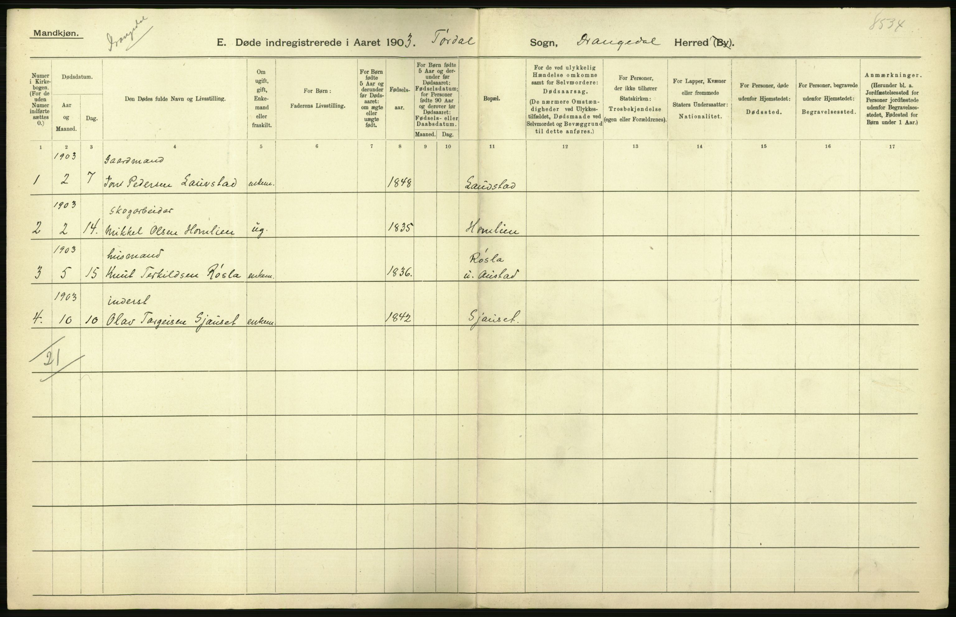 Statistisk sentralbyrå, Sosiodemografiske emner, Befolkning, AV/RA-S-2228/D/Df/Dfa/Dfaa/L0009: Bratsberg amt: Fødte, gifte, døde, 1903, p. 664