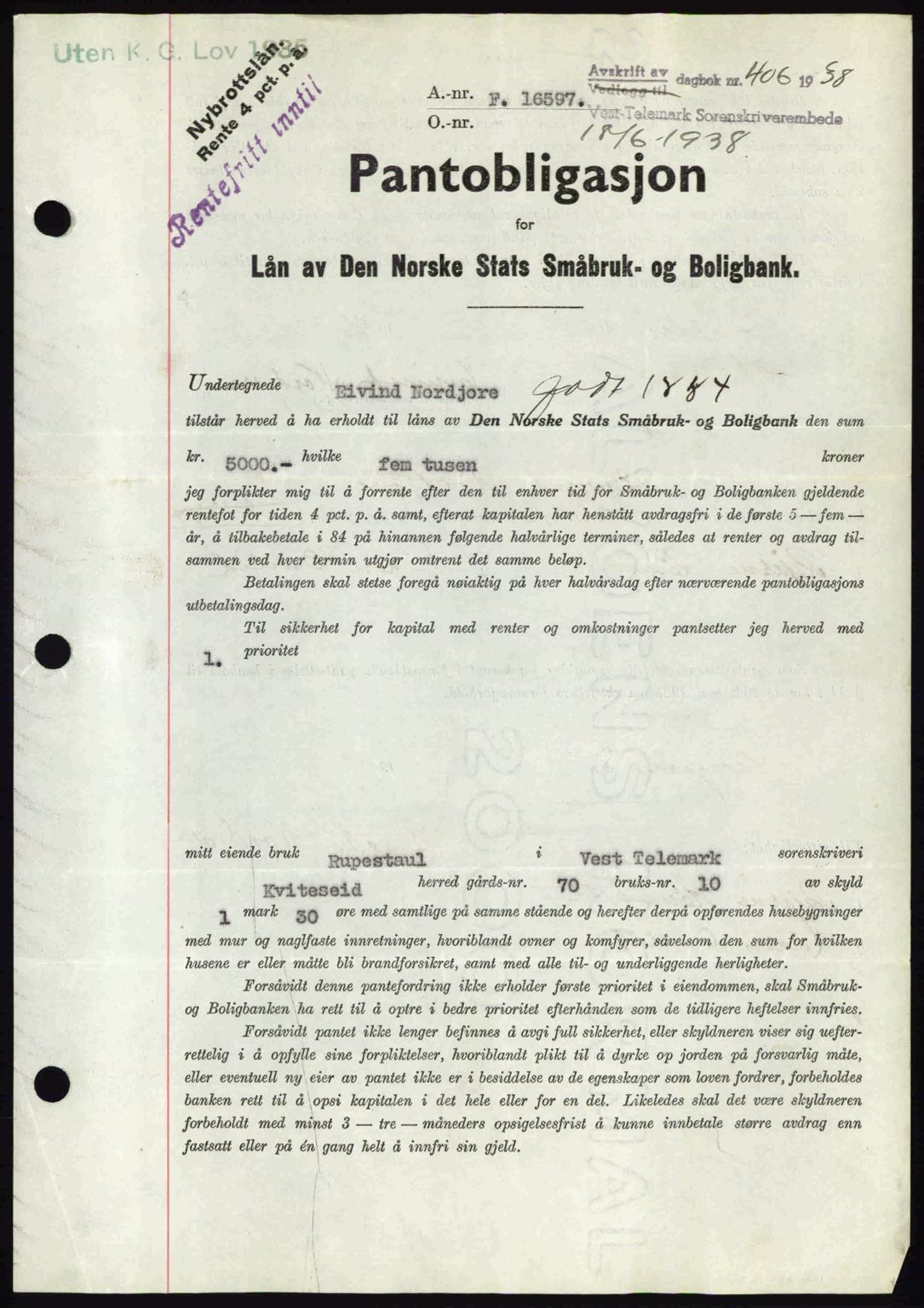 Vest-Telemark sorenskriveri, AV/SAKO-A-134/G/Ga/Gad/L0001: Mortgage book no. B-1, 1937-1938, Diary no: : 406/1938