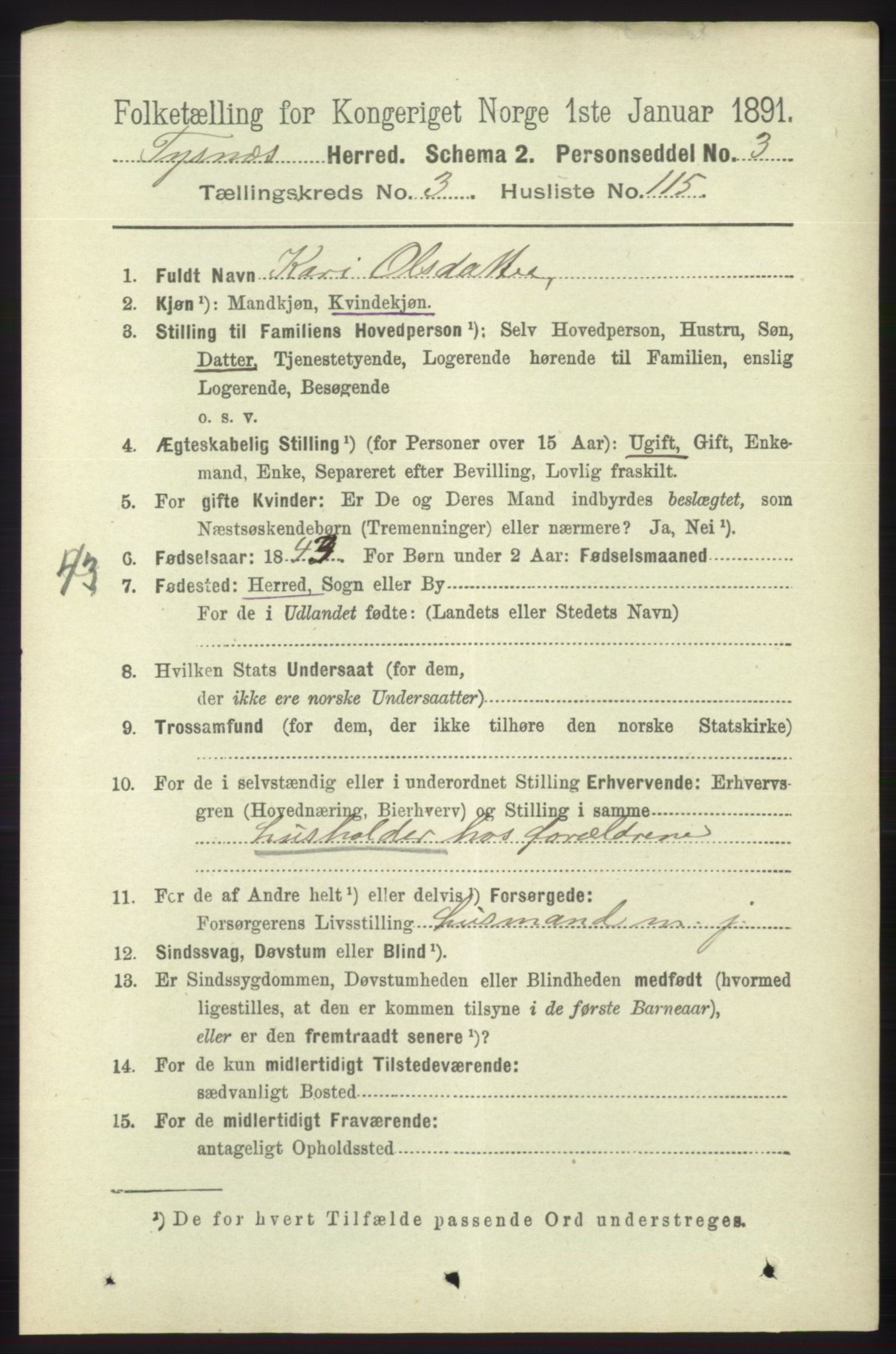 RA, 1891 census for 1223 Tysnes, 1891, p. 1477