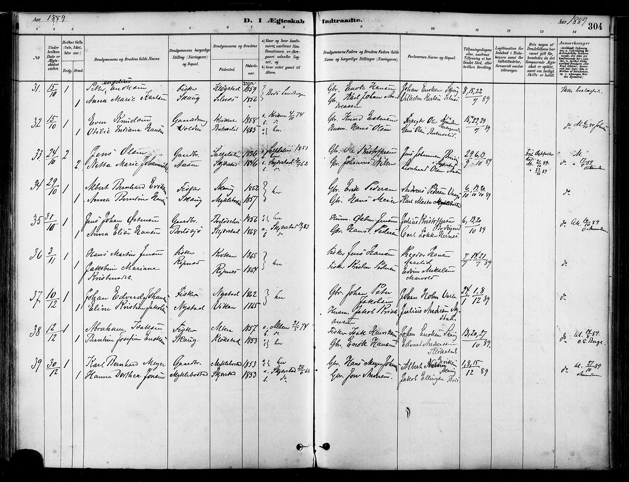 Ministerialprotokoller, klokkerbøker og fødselsregistre - Nordland, AV/SAT-A-1459/802/L0054: Parish register (official) no. 802A01, 1879-1893, p. 304