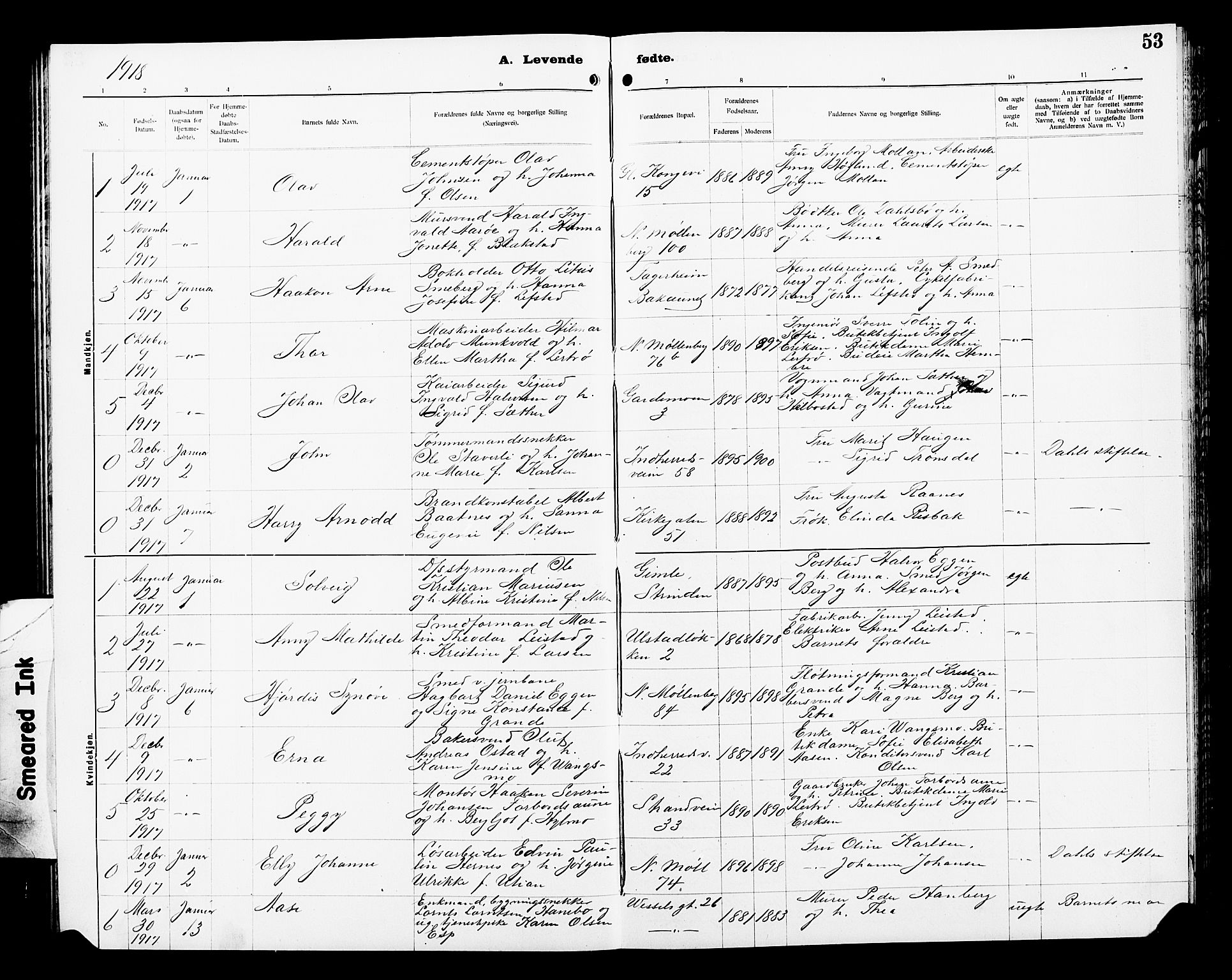 Ministerialprotokoller, klokkerbøker og fødselsregistre - Sør-Trøndelag, SAT/A-1456/605/L0256: Parish register (copy) no. 605C03, 1916-1920, p. 53