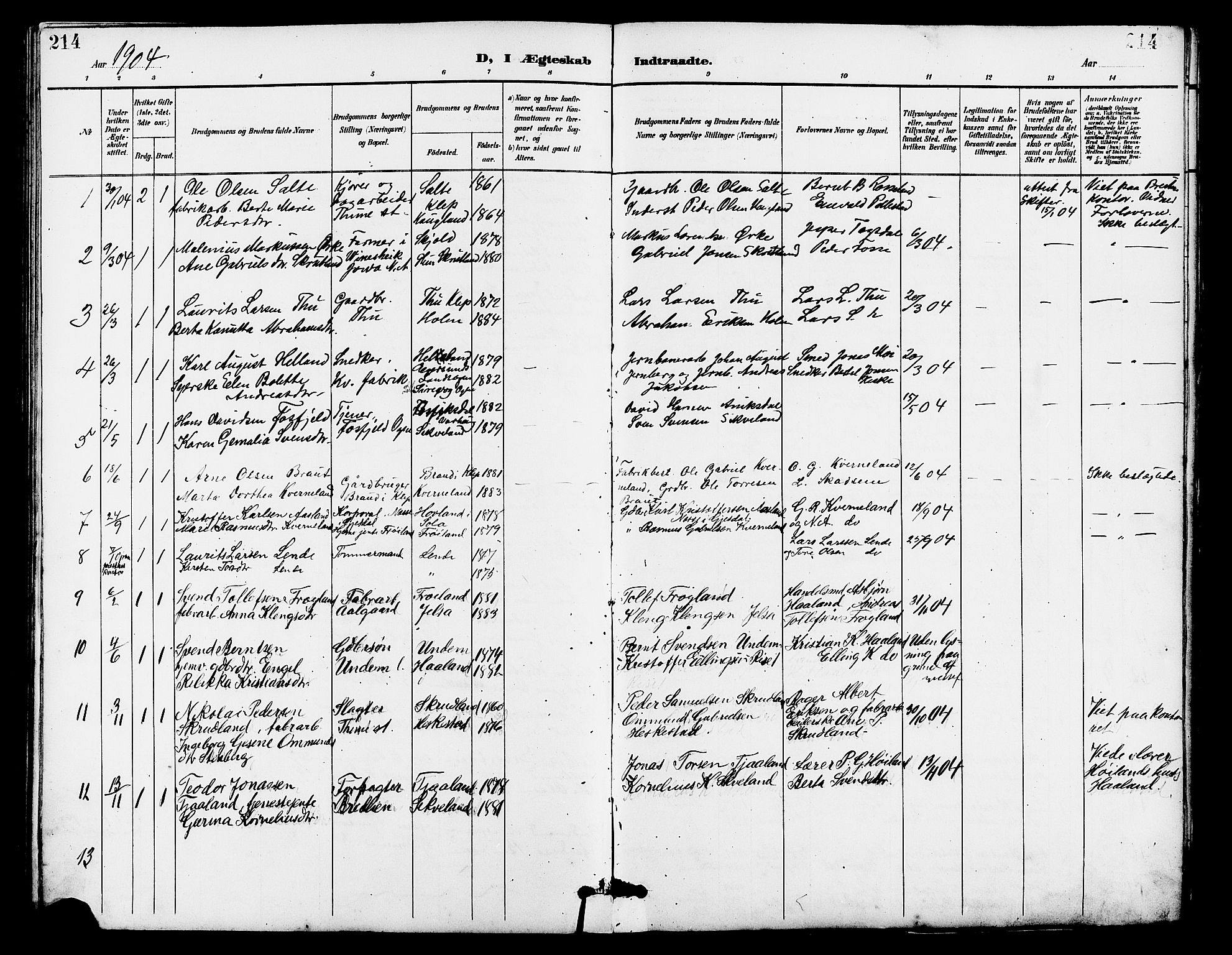 Lye sokneprestkontor, SAST/A-101794/001/30BB/L0007: Parish register (copy) no. B 8, 1889-1909, p. 214