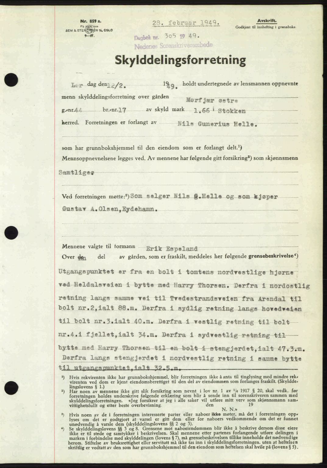 Nedenes sorenskriveri, SAK/1221-0006/G/Gb/Gba/L0060: Mortgage book no. A12, 1948-1949, Diary no: : 305/1949