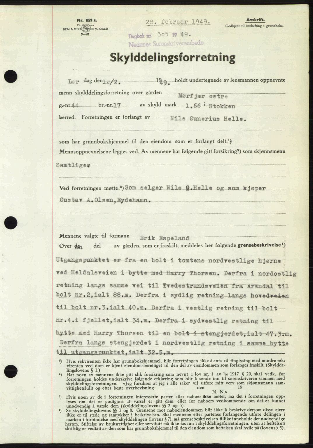 Nedenes sorenskriveri, AV/SAK-1221-0006/G/Gb/Gba/L0060: Mortgage book no. A12, 1948-1949, Diary no: : 305/1949
